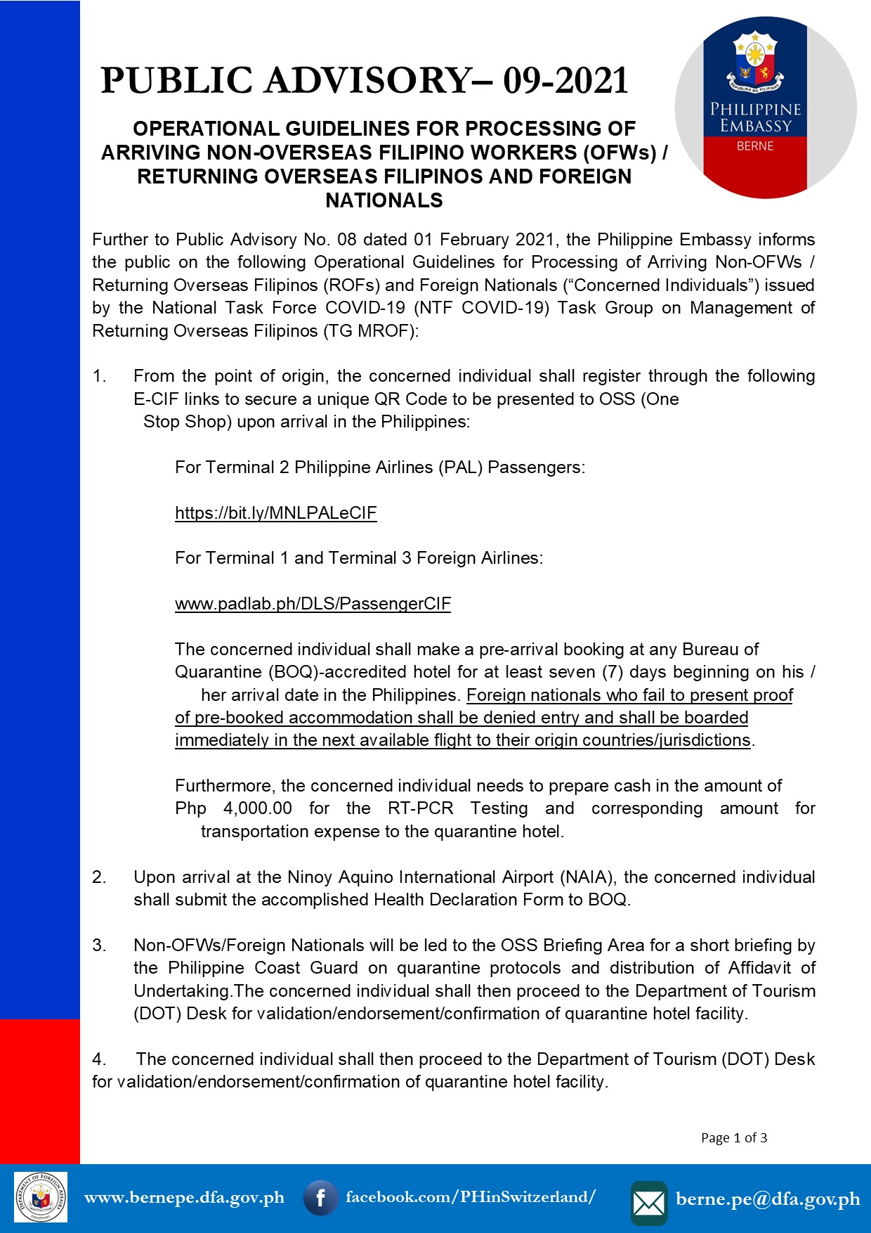 1PA 09 2021 OPERATIONAL GUIDELINES FOR PROCESSING OF ARRIVING NON OVERSEAS FILIPINO WORKERS OFWs RETURNING OVERSEAS FILIPINOS AND FOREIGN NATIONALS