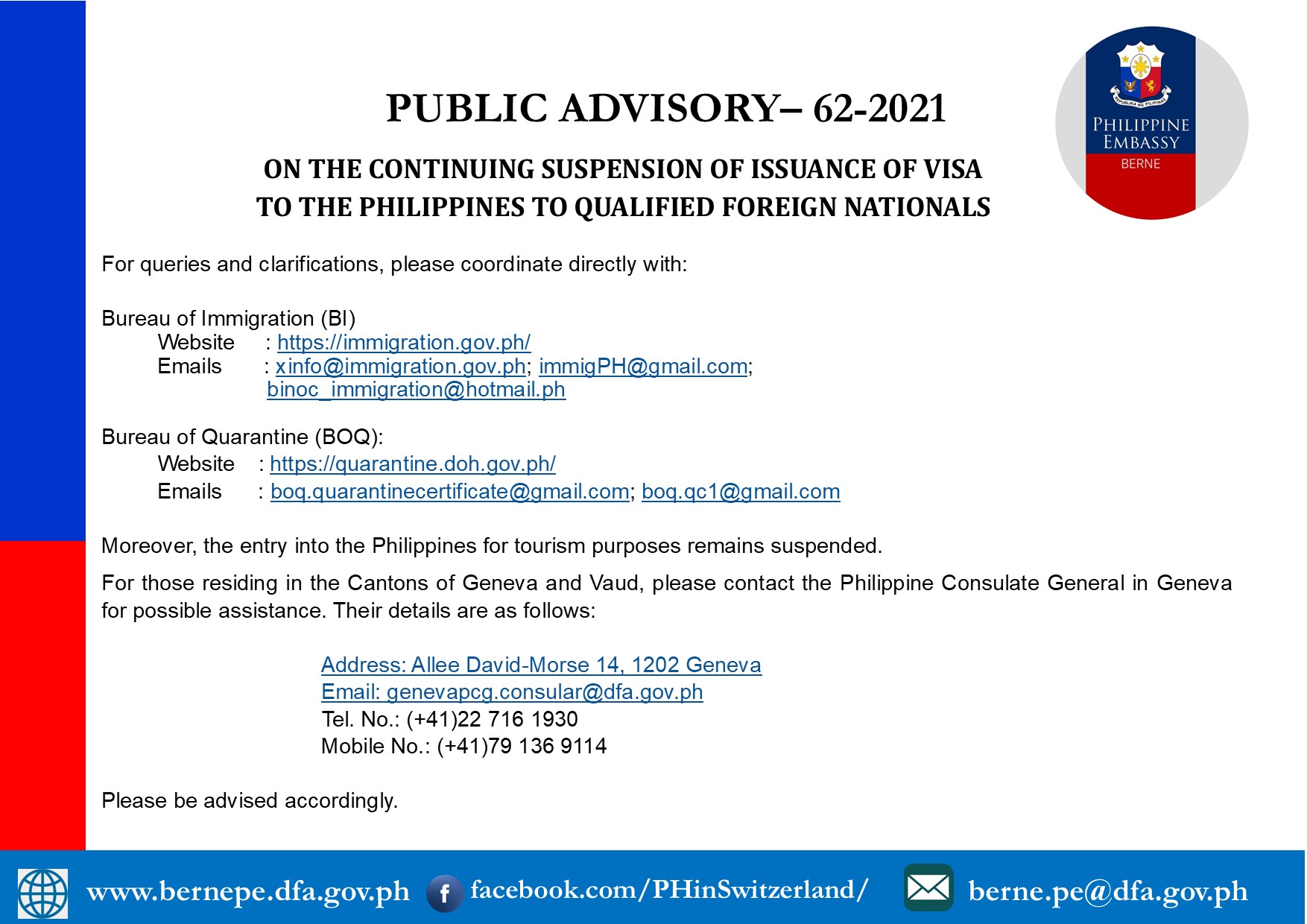 1PUBLIC ADVISORY 62 2021 ON THE CONTINUING SUSPENSION OF ISSUANCE OF VISA TO THE PHILIPPINES TO QUALIFIED FOREIGN NATIONALS