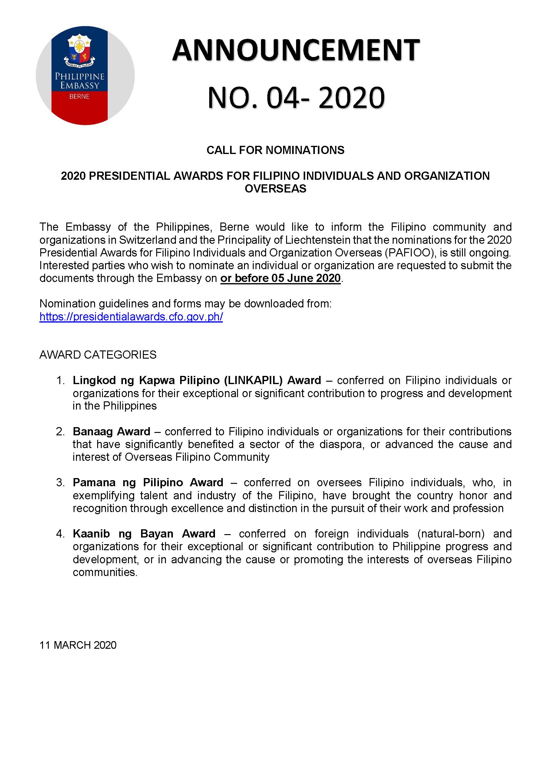 A 04 2020 CALL FOR NOMINATIONS