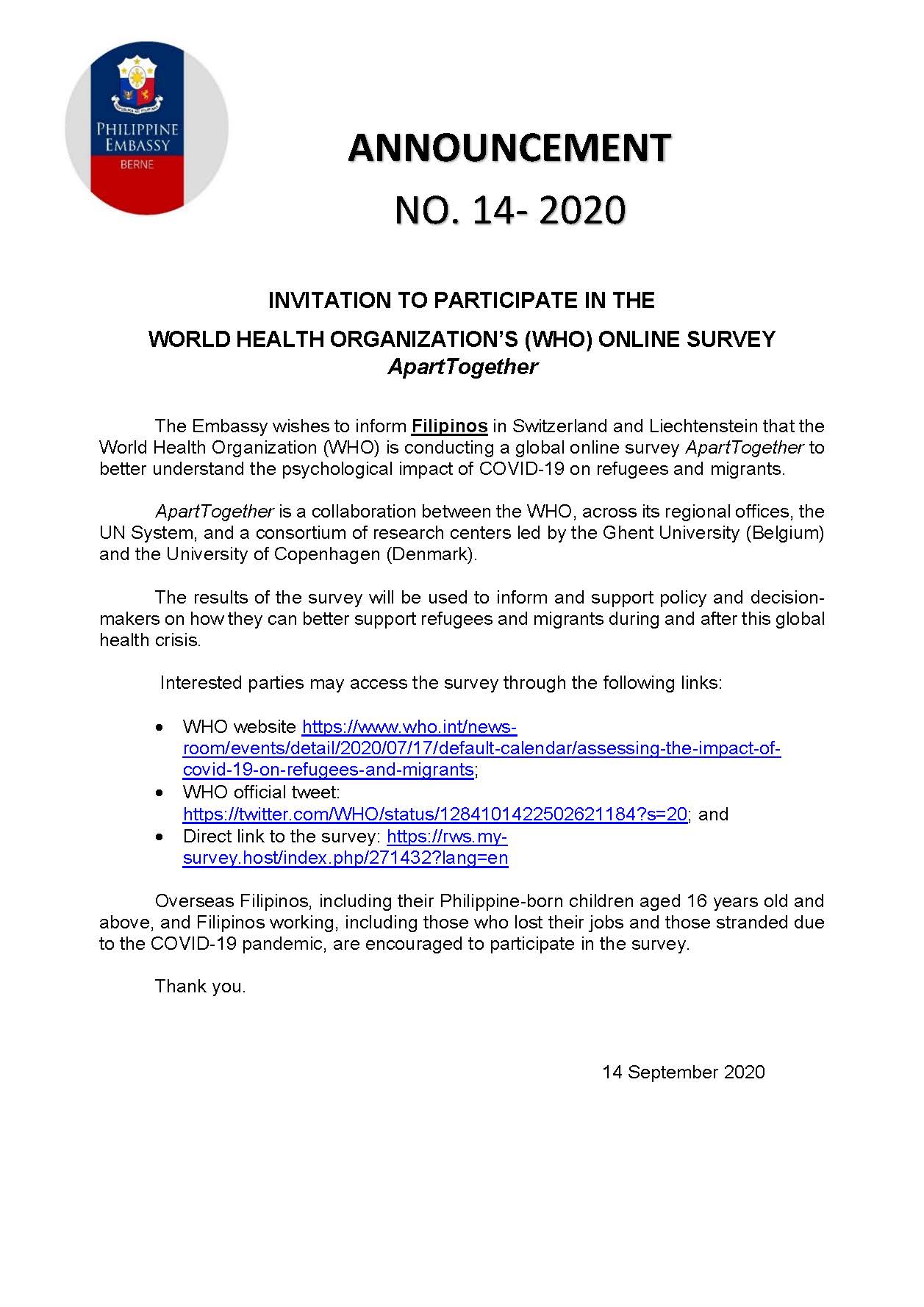 A 14 2020 INVITATION TO PARTICIPATE IN THE WHO SURVEY