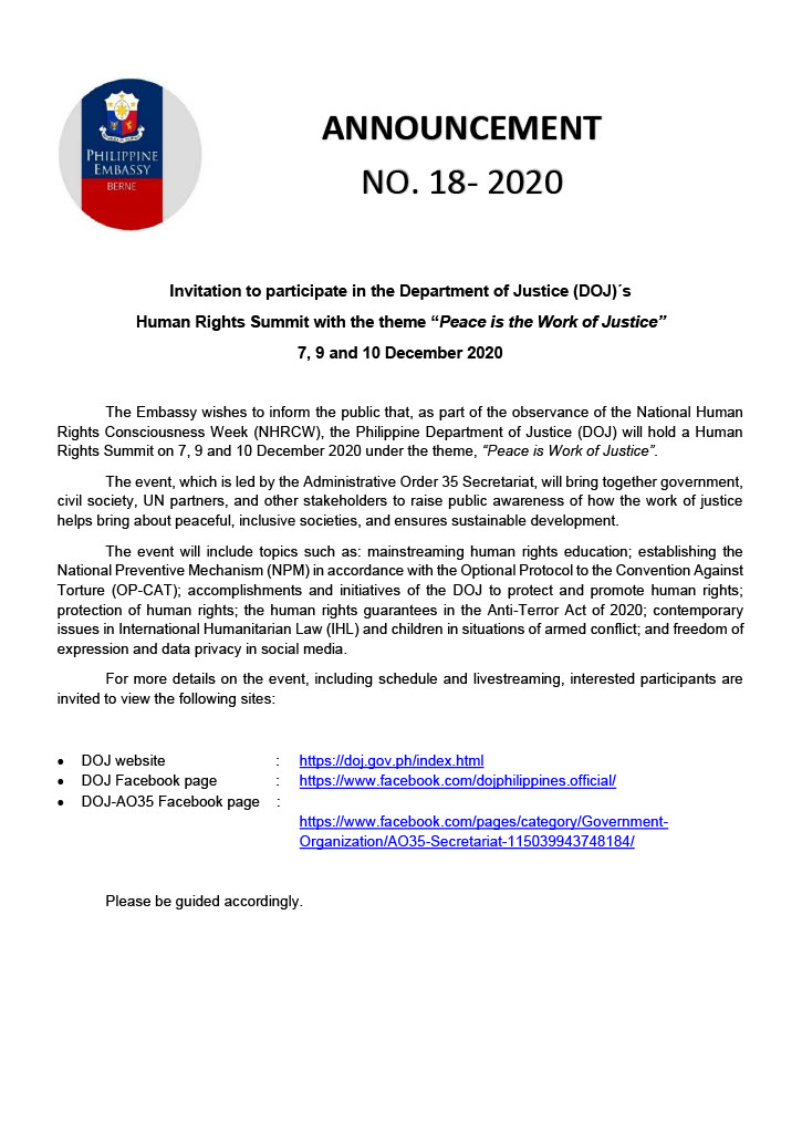 A 18 2020 Invitation to participate in the Department of Justice DOJs Human Rights Summit