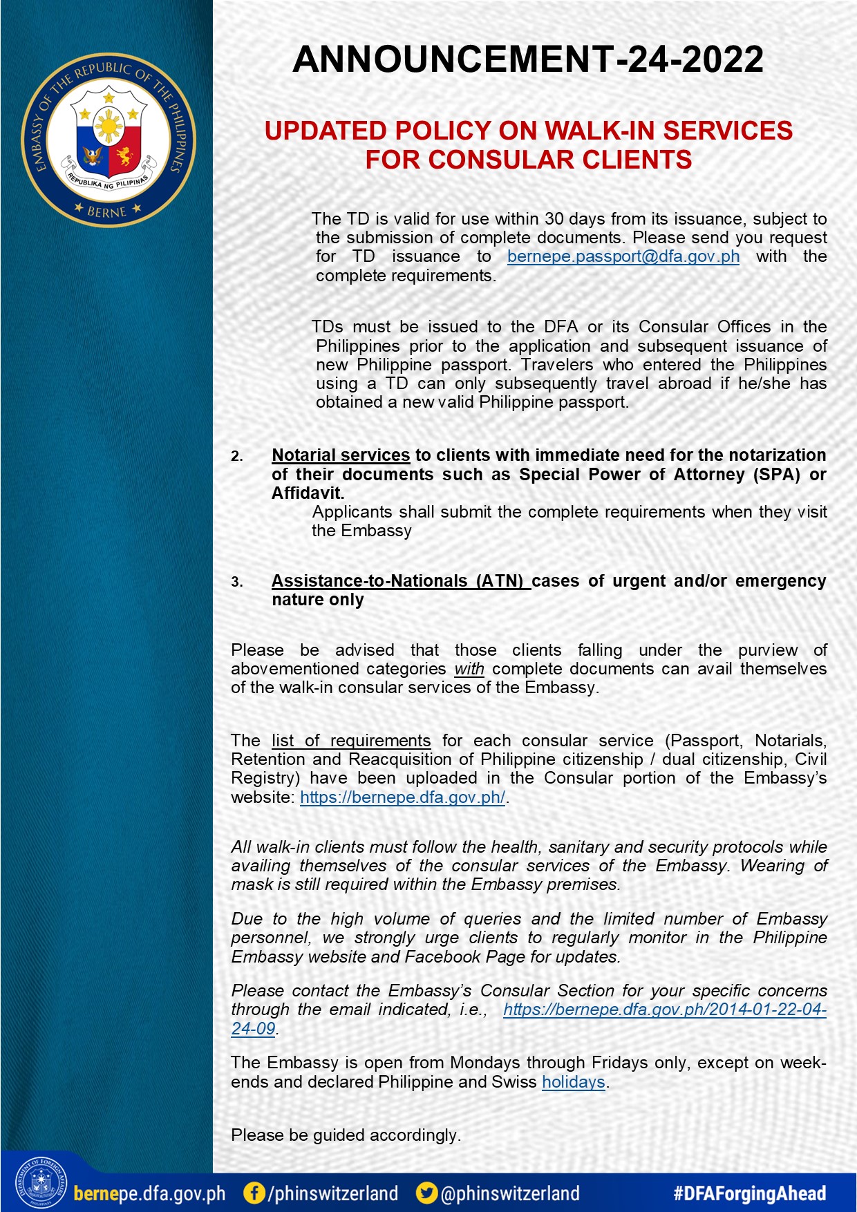 Announcement 24 2022 2 UPDATE POLICY ON WALK IN SERVICES FOR CONSULAR CLIENTS