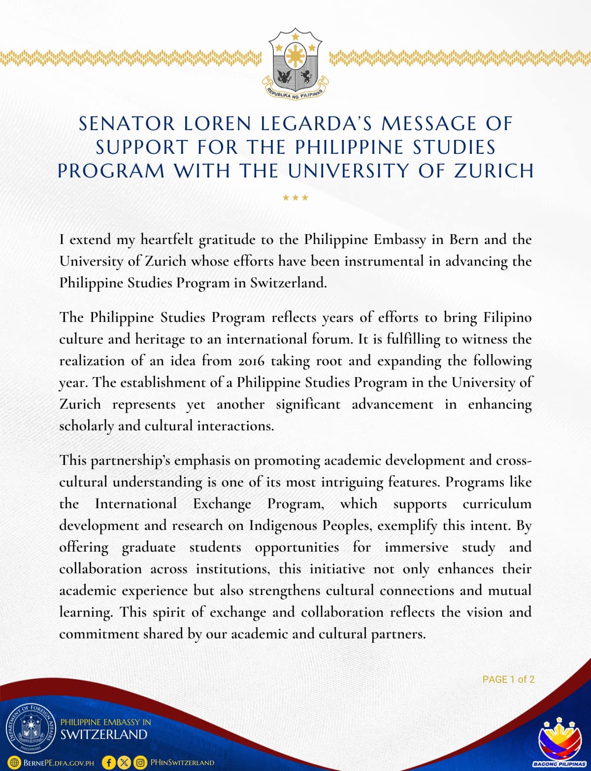 Message of Senator Loren Legarda Supporting the PH Studies Program