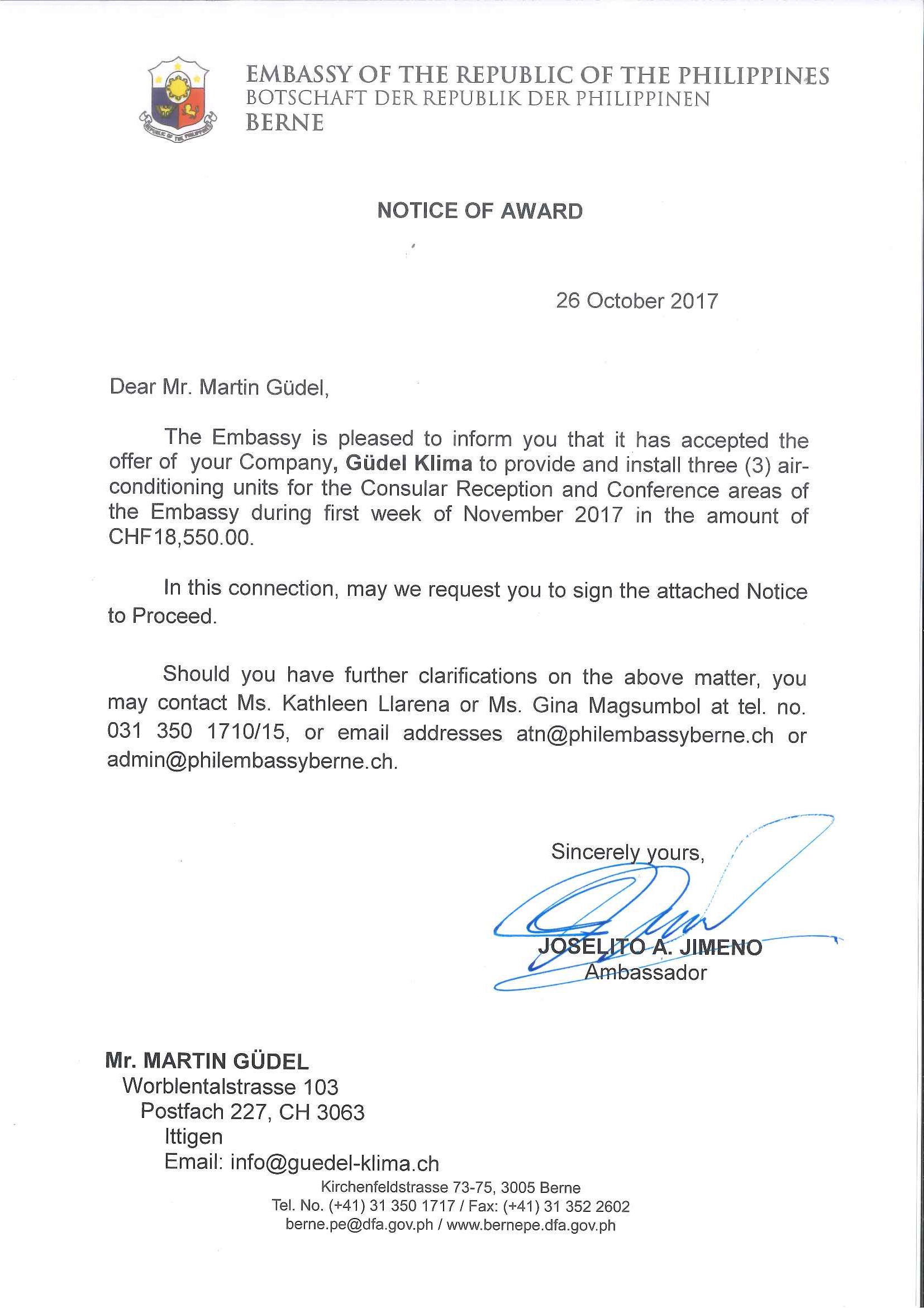 NOTICE OF AWARD MARTIN GUDEL