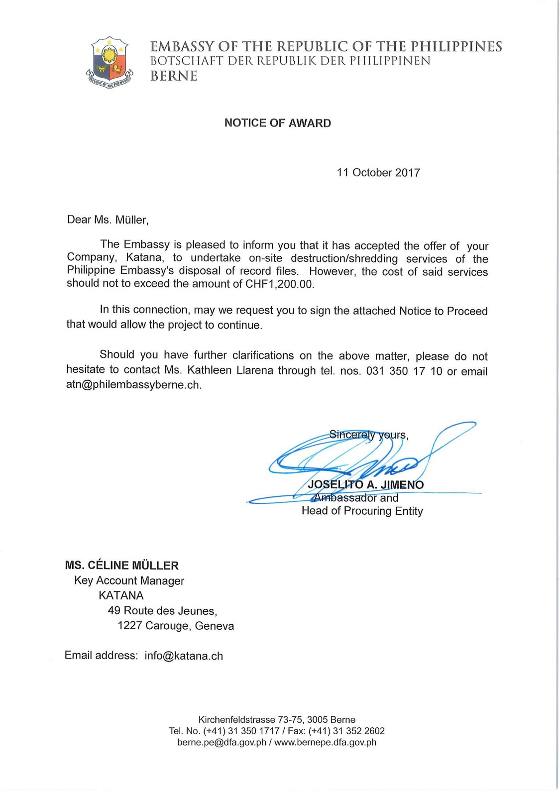 Notice of Award Katana Oct 2017