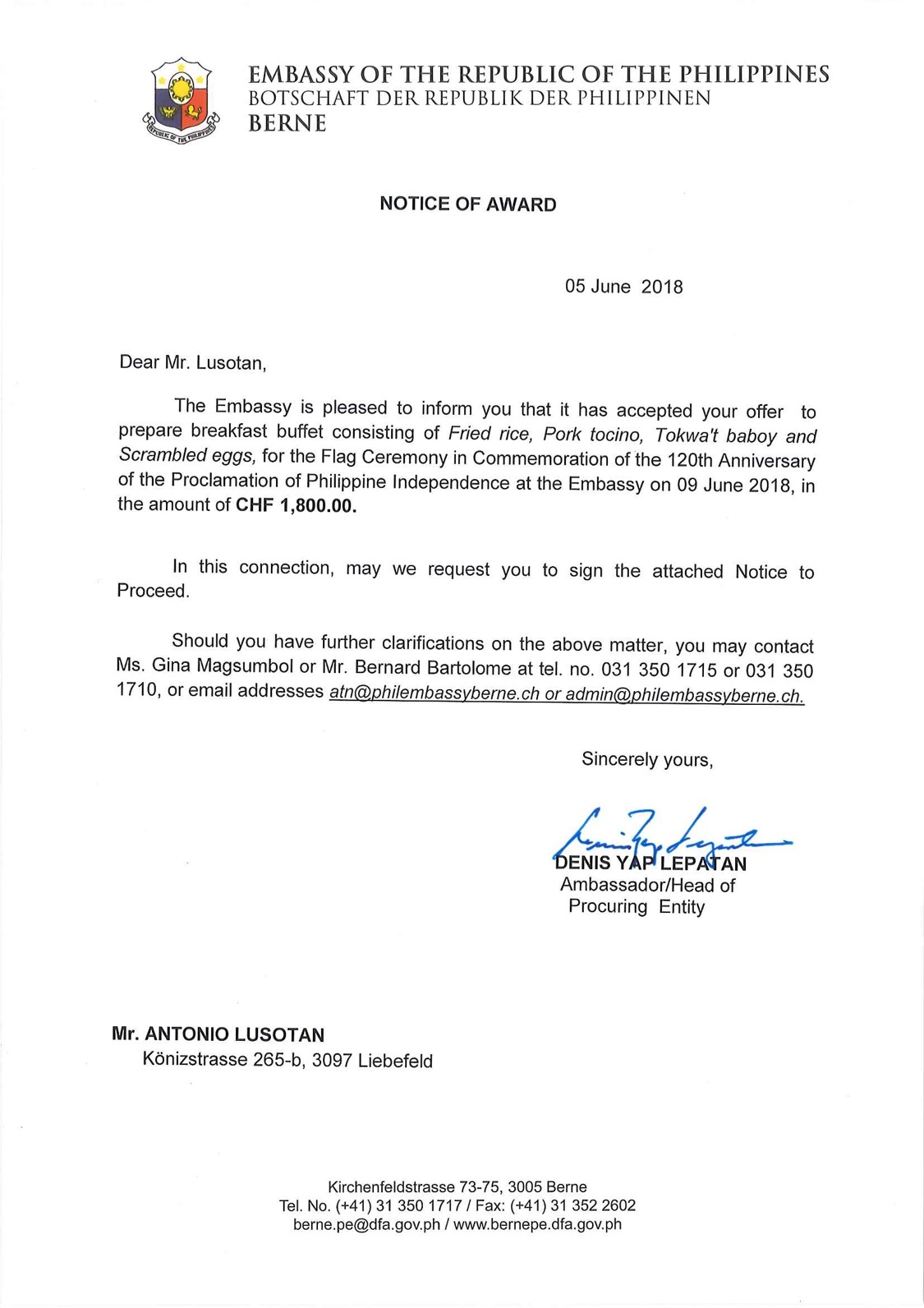 Notice of Award Mr. Antonio Lusotan