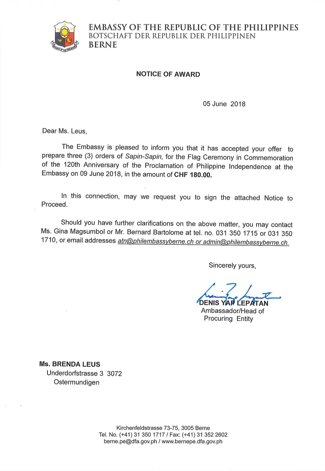 Notice of Award Ms. Brenda Leus