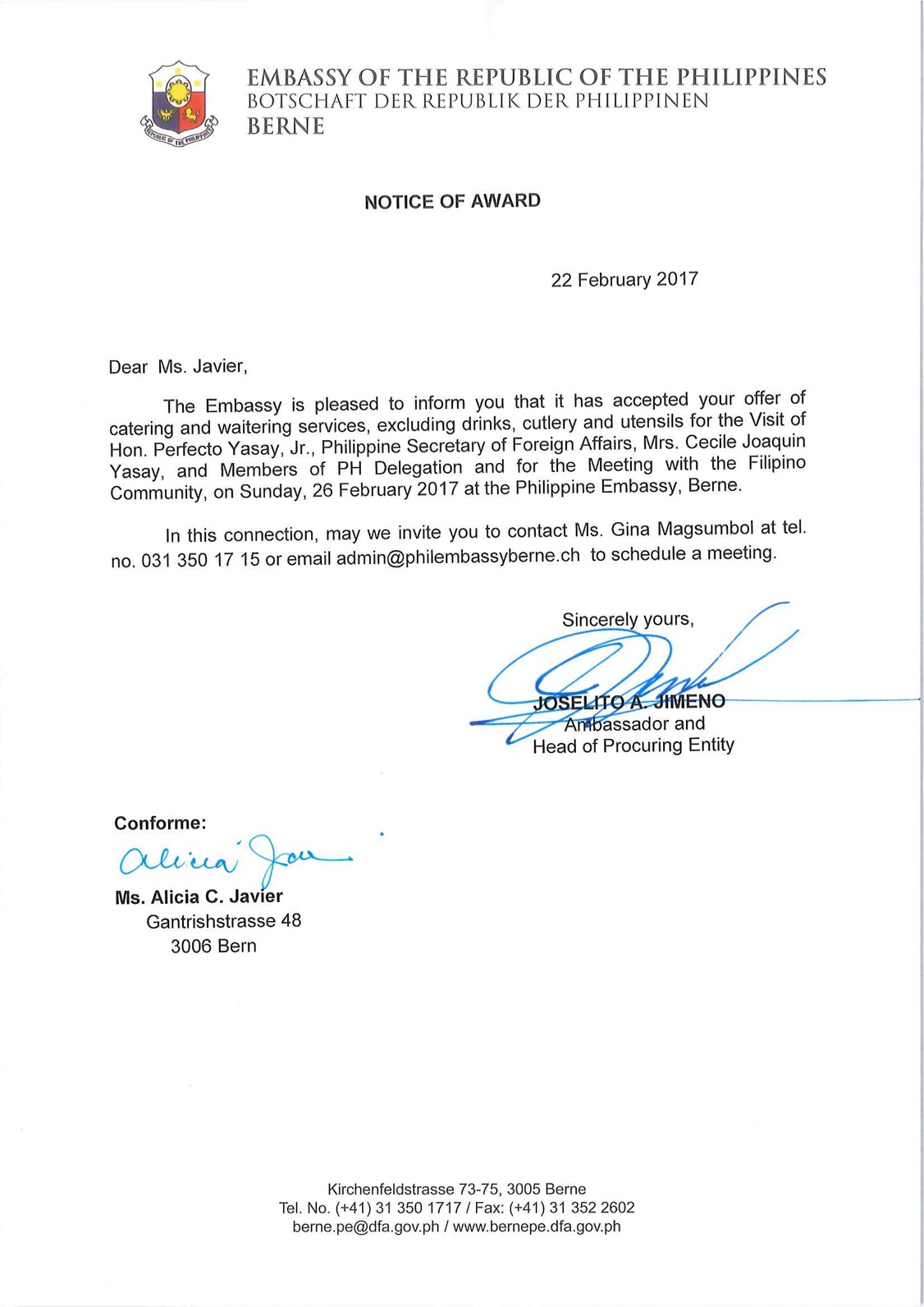 Notice of Award 22 Feb Javier