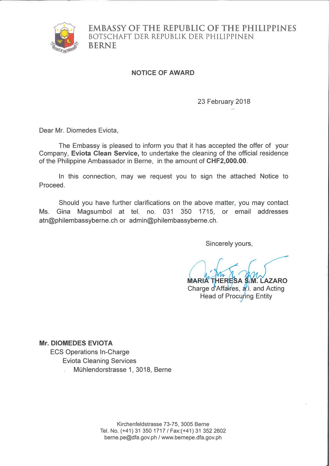 Notice of Award ECS