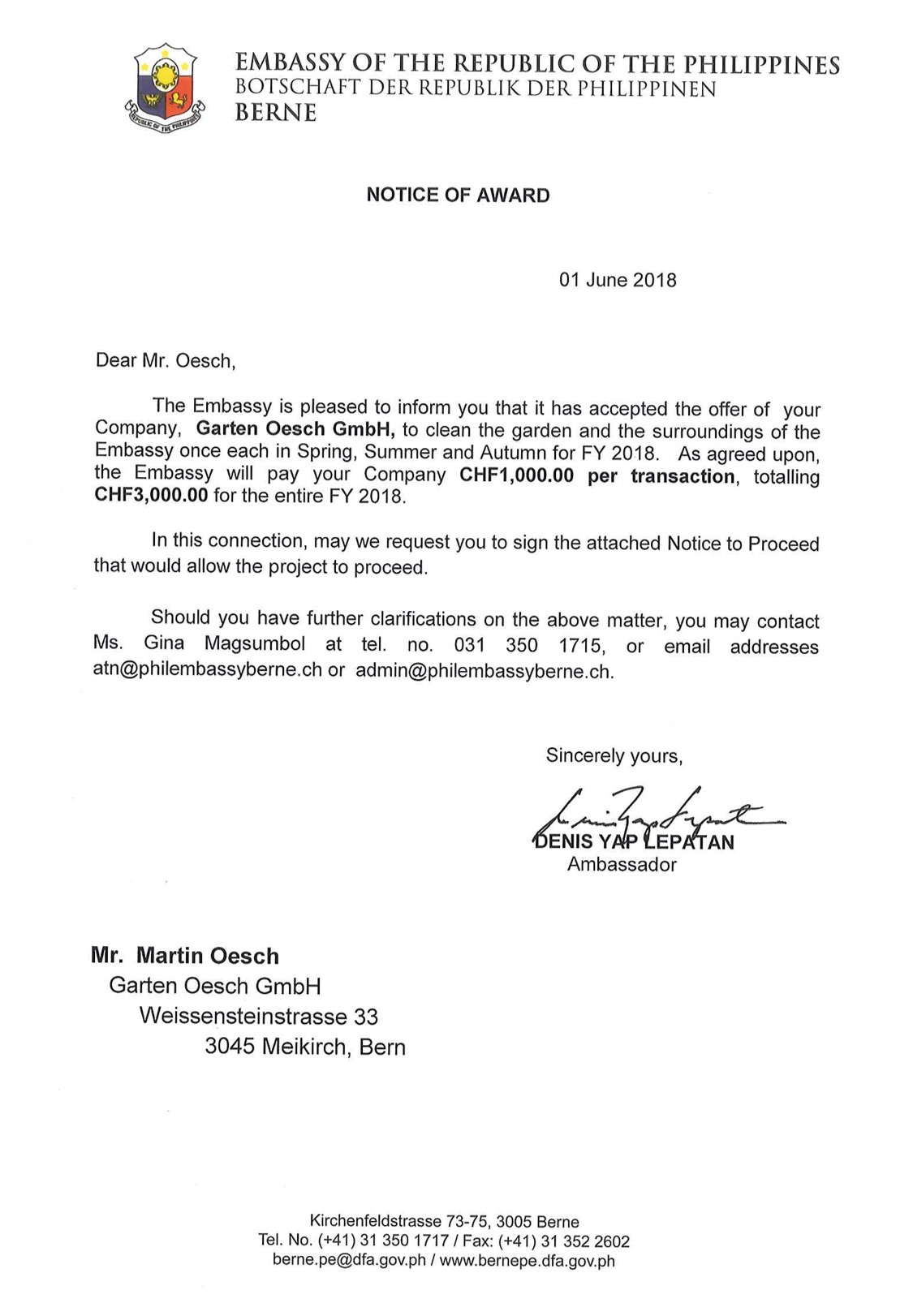 Notice of Award Martin Oesch 01 June 2018