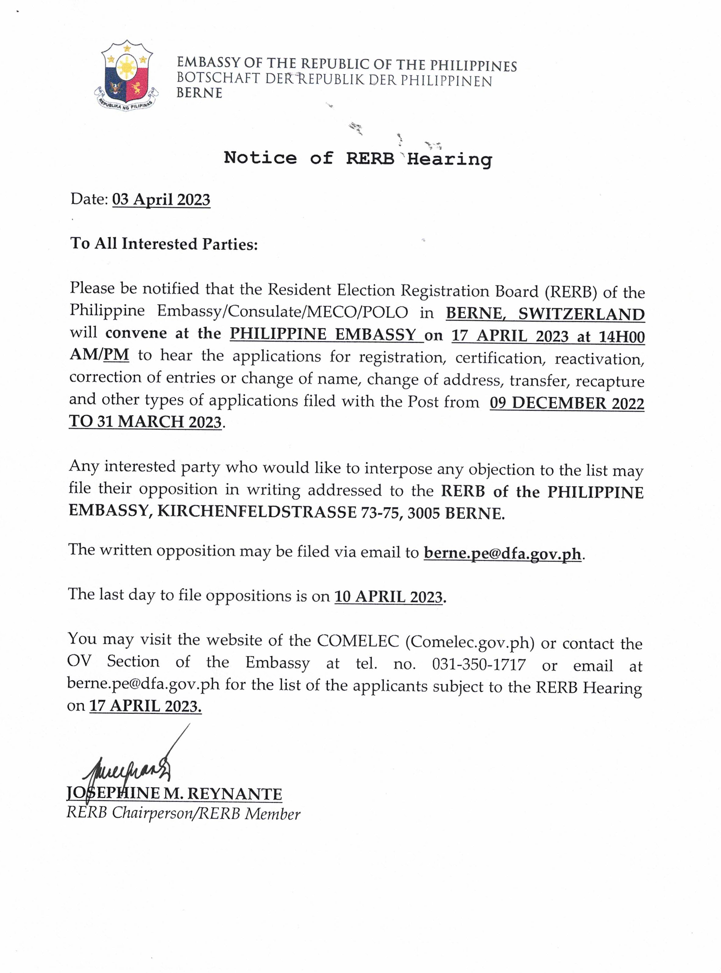 Notice of RERB Hearing 03 April 2023