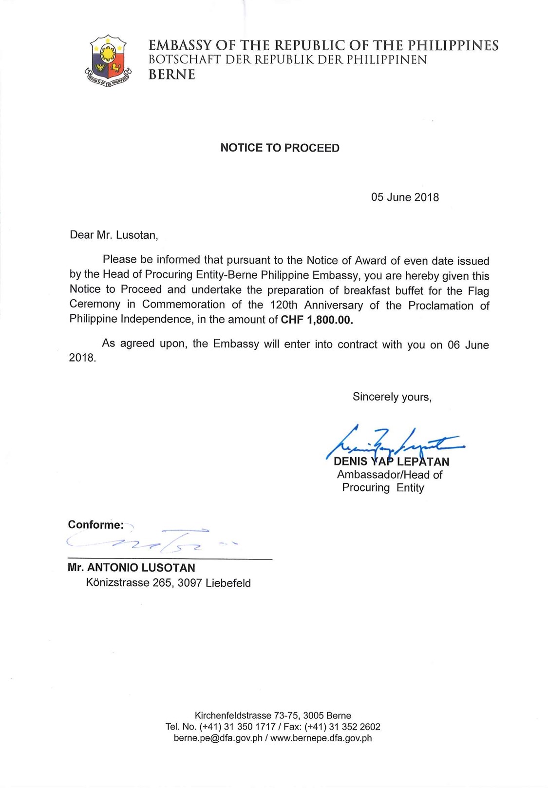 Notice to Proceed Mr. Antonio Lusotan June 2018