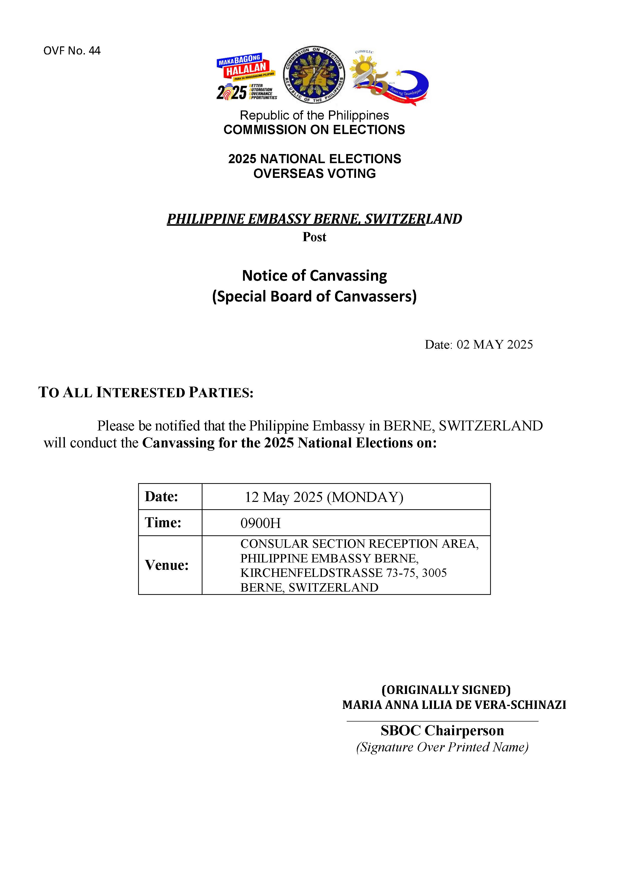 OVF No. 44 Notice of Canvassing
