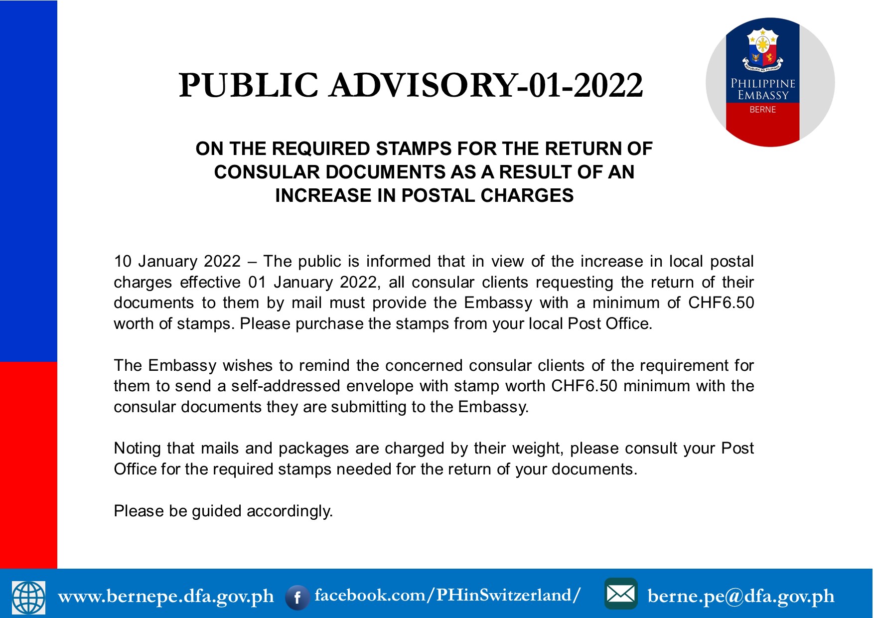 PA 01 2022 REQUIRED STAMPS FOR THE RETURN OF CONSULAR DOCUMENTS AS A RESULT OF AN INCREASE IN POSTAL CHARGES