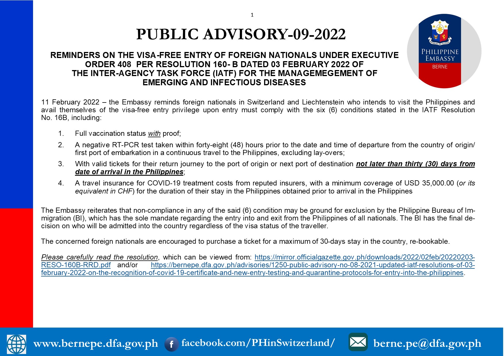 PA 09 2022 1 REMINDERS ON THE VISA FREE ENTRY OF FOREIGN NATIONALS UNDER EXECUTIVE ORDER 408 PER RESOLUTION 160 B DATED 03 FEBRUARY 2022 OF