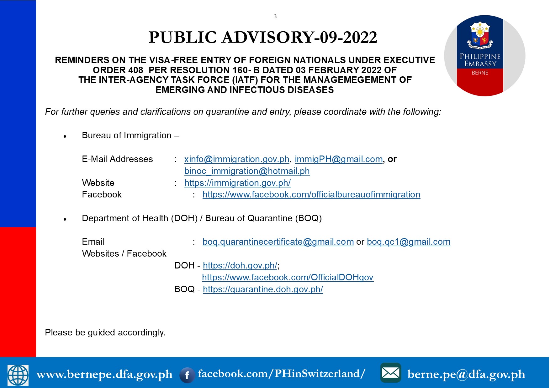 PA 09 2022 3 REMINDERS ON THE VISA FREE ENTRY OF FOREIGN NATIONALS UNDER EXECUTIVE ORDER 408 PER RESOLUTION 160 B DATED 03 FEBRUARY 2022 OF