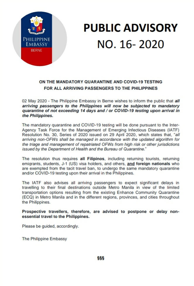 PA 16 2020 ON THE MANDATORY QUARANTINE AND COVID 19 TESTING