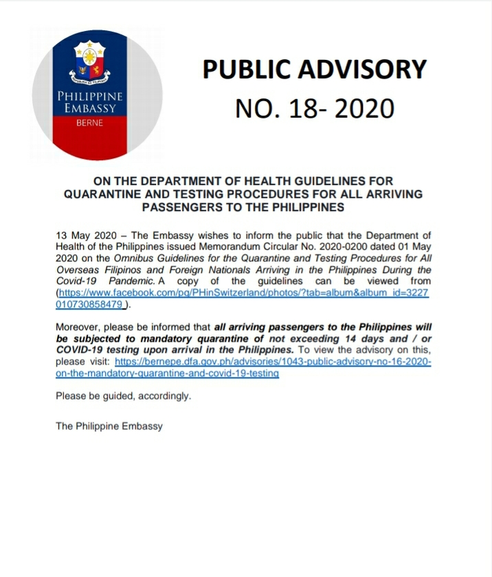 PA 18 2020 ON THE DEPARTMENT OF HEALTH GUIDELINES FOR QUARANTINE AND TESTING PROCEDURES FOR ALL ARRIVING PASSENGERS TO THE PHILIPPINES