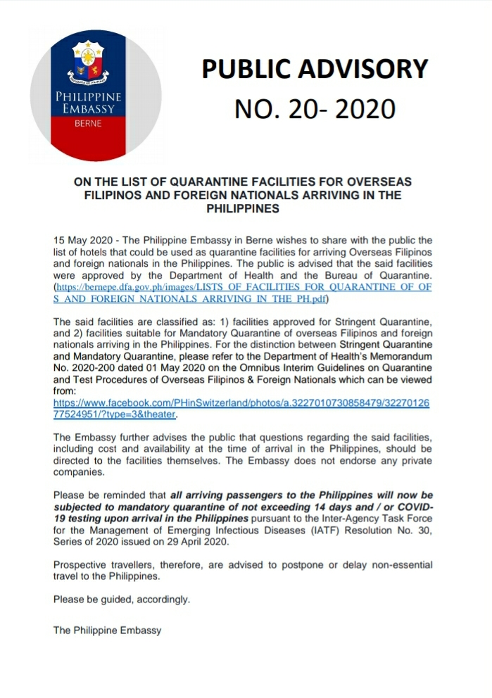 Public Advisory No 20 2020 On The List Of Quarantine Facilities For Overseas Filipinos And Foreign Nationals Arriving In The Philippines