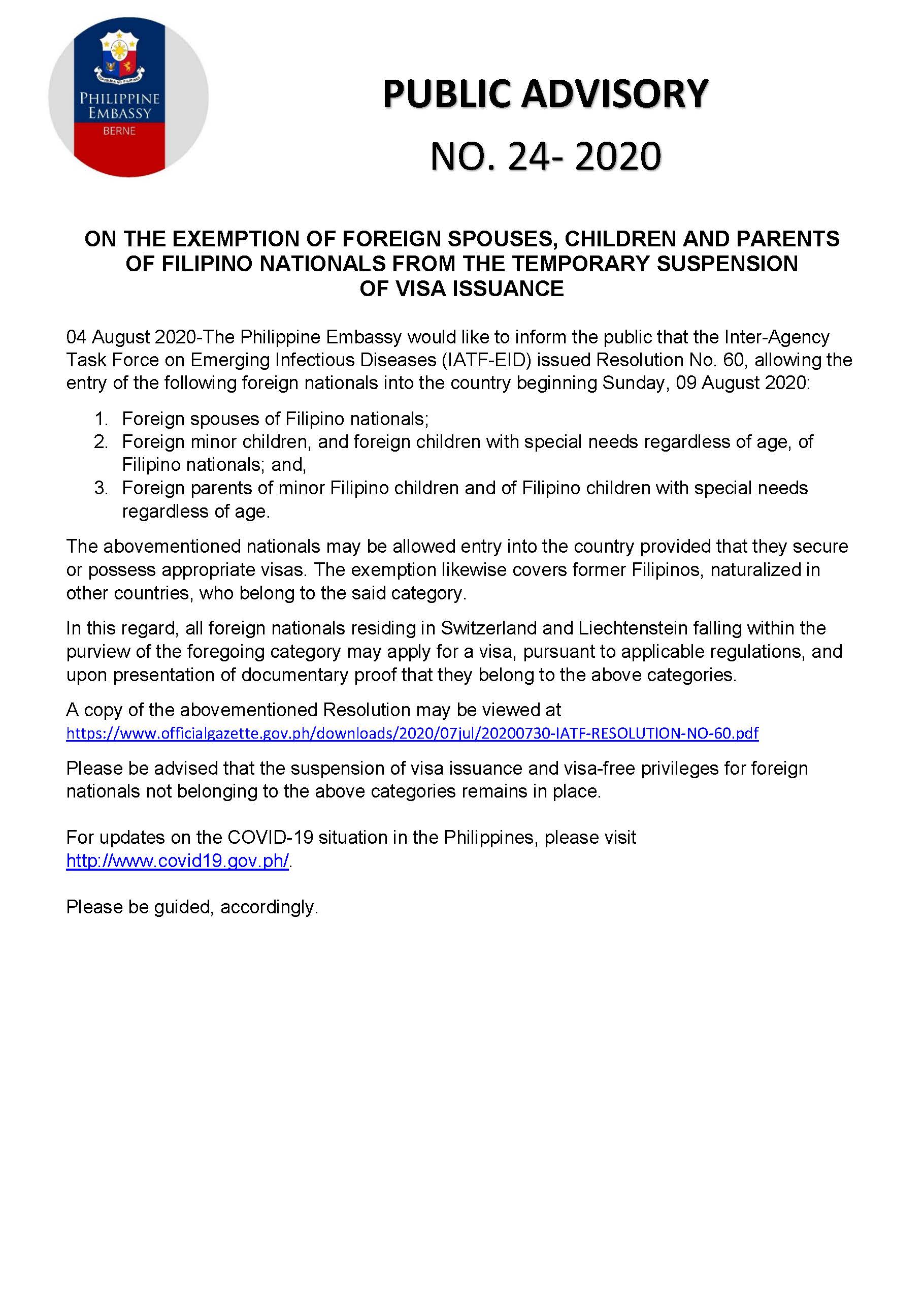 PA 24 2020 ON THE EXEMPTION OF FOREIGN SPOUSES CHILDREN AND PARENTS OF FILIPINO NATIONALS FROM THE TEMPORARY SUSPENSION