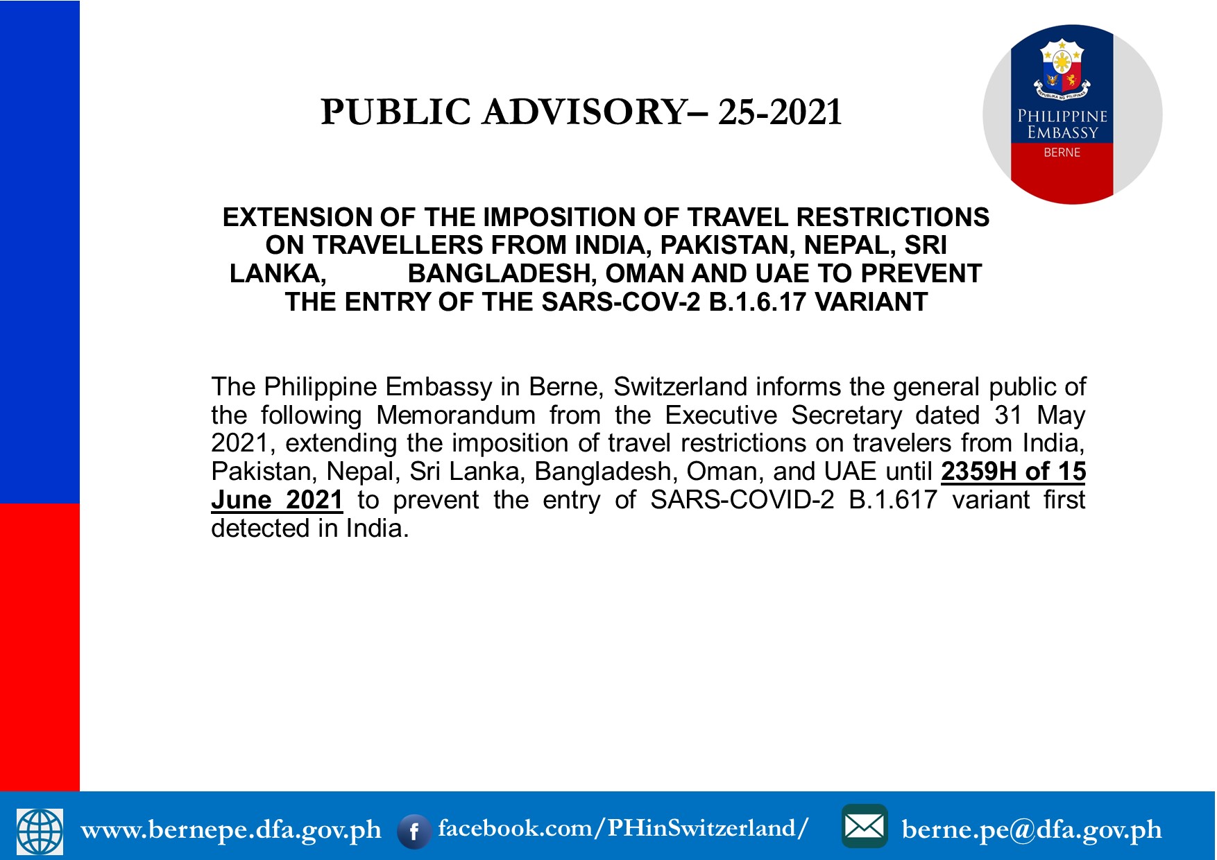 PA 25 2021 EXTENSION OF THE IMPOSITION OF TRAVEL RESTRICTIONS ON TRAVELLERS FROM INDIA PAKISTAN NEPAL SRI LANKA BANGLADESH OMAN AND UAE