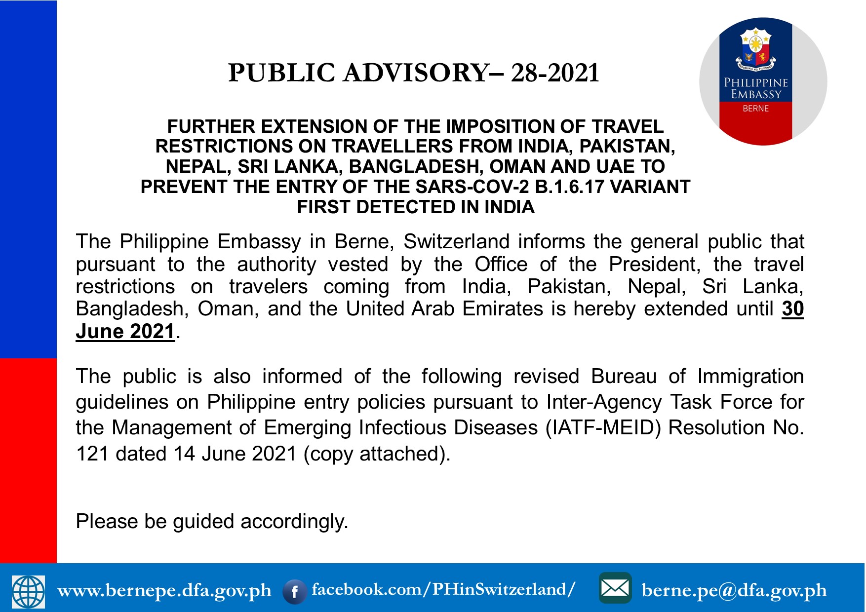 PA 28 2021 FURTHER EXTENSION OF THE IMPOSITION OF TRAVEL RESTRICTIONS