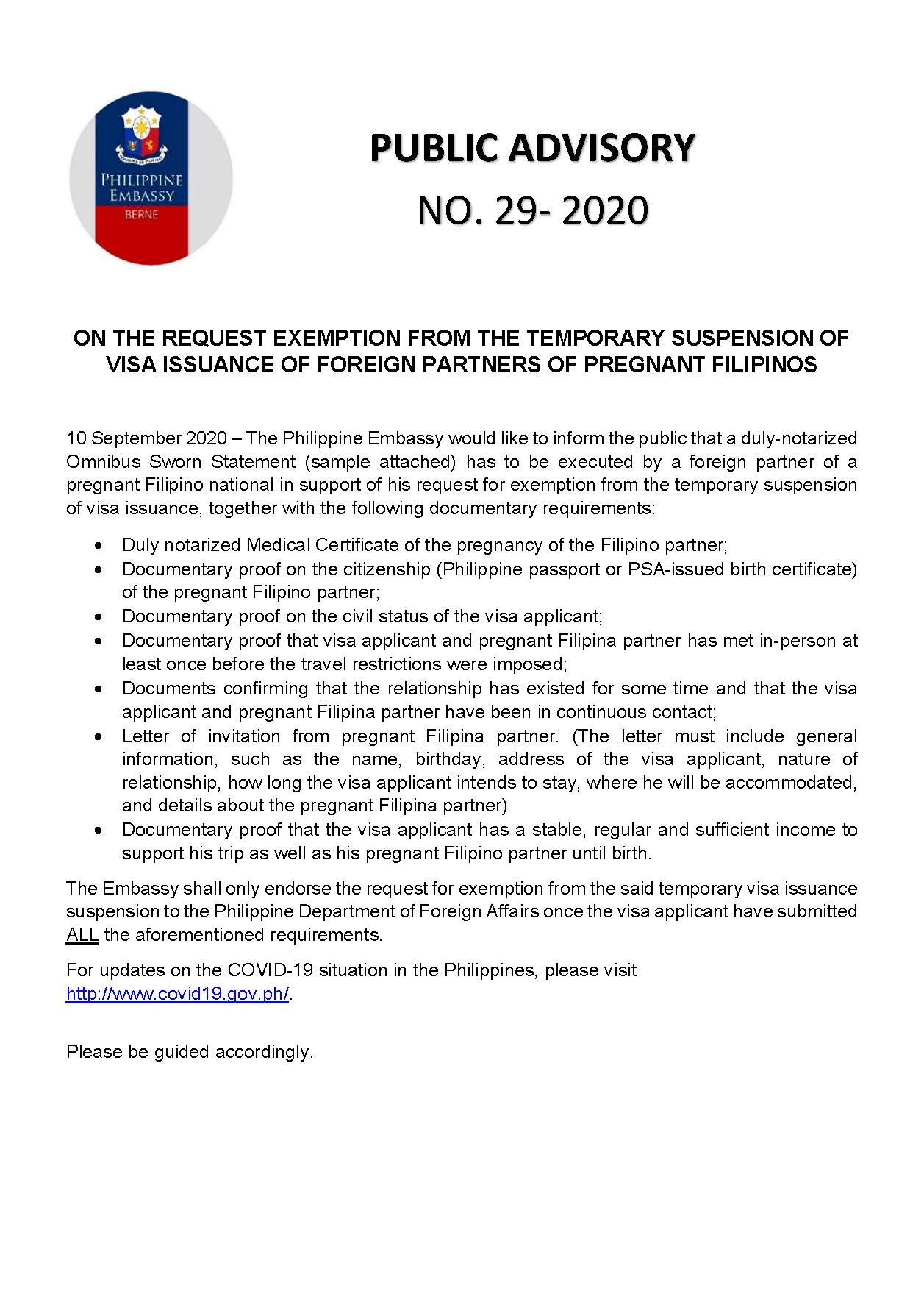 PA 29 2020 ON THE REQUEST EXEMPTION FROM THE TEMPORARY SUSPENSION OF VISA ISSUANCE OF FOREIGN PARTNERS OF PREGNANT FILIPINOS
