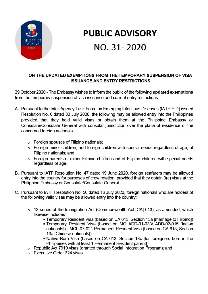 PA 31 2020 aON THE UPDATED EXEMPTIONS FROM THE TEMPORARY SUSPENSION OF VISA ISSUANCE AND ENTRY RESTRICTIONS1024 1
