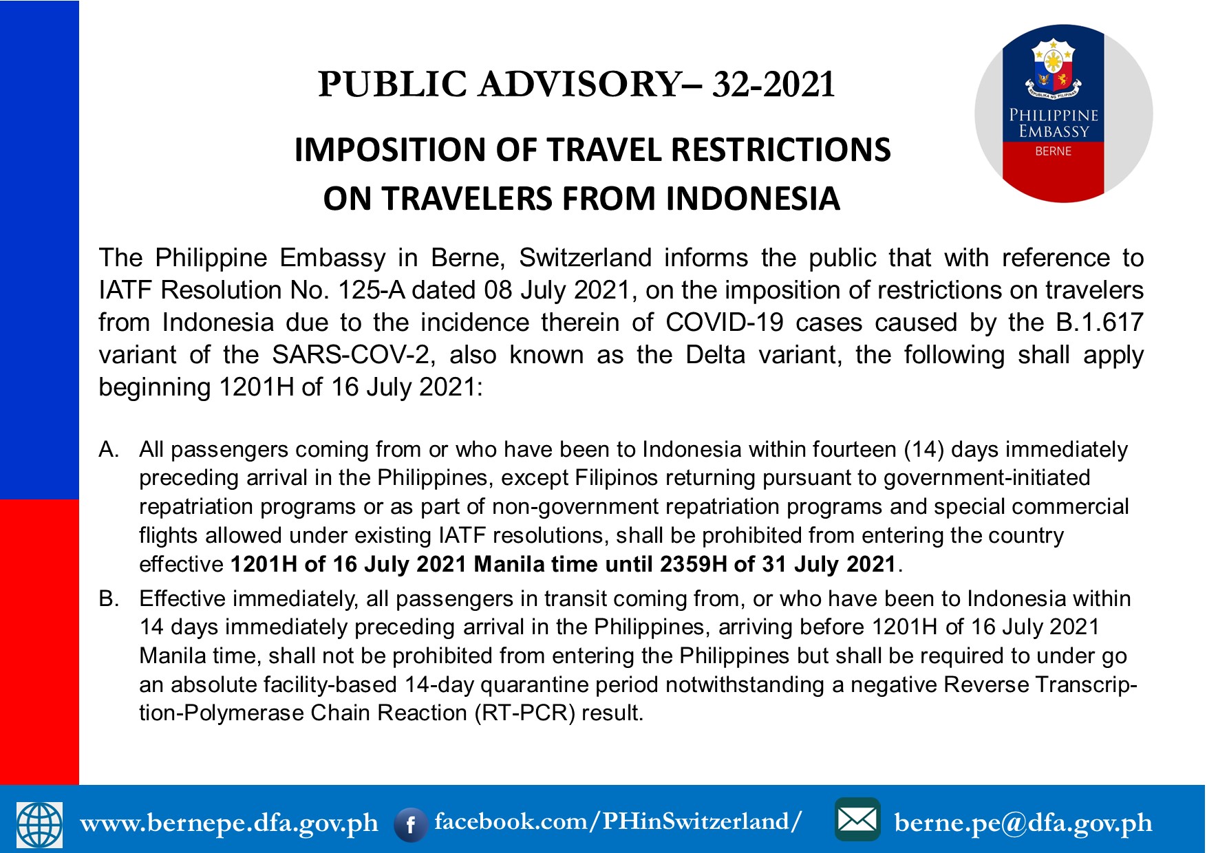 PA 32 2021 1 IMPOSITION OF TRAVEL RESTRICTIONS ON TRAVELERS FROM INDONESIA 