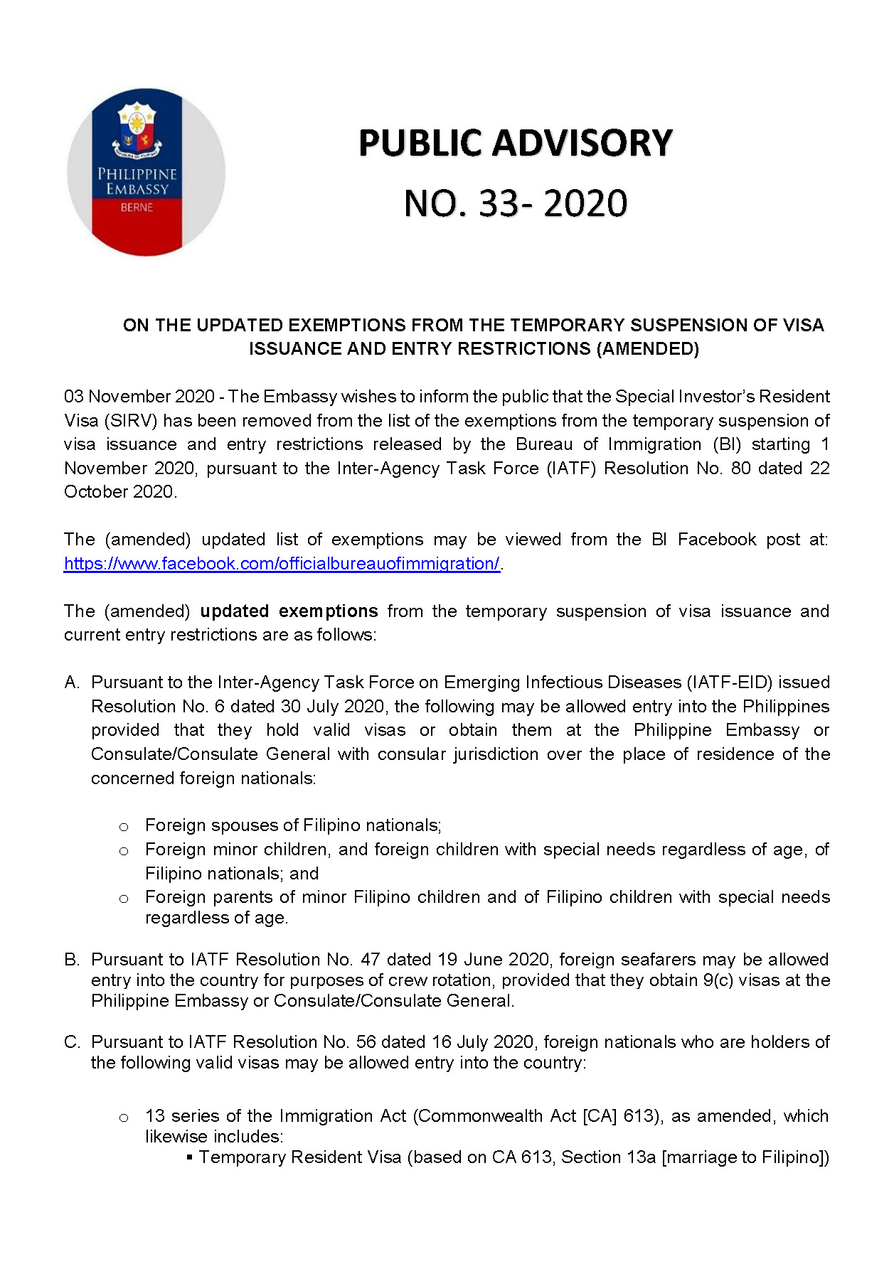 PA 33 2020 ON THE UPDATED EXEMPTIONS FROM THE TEMPORARY SUSPENSION OF VISA ISSUANCE AND ENTRY RESTRICTIONS AMENDED Page 1