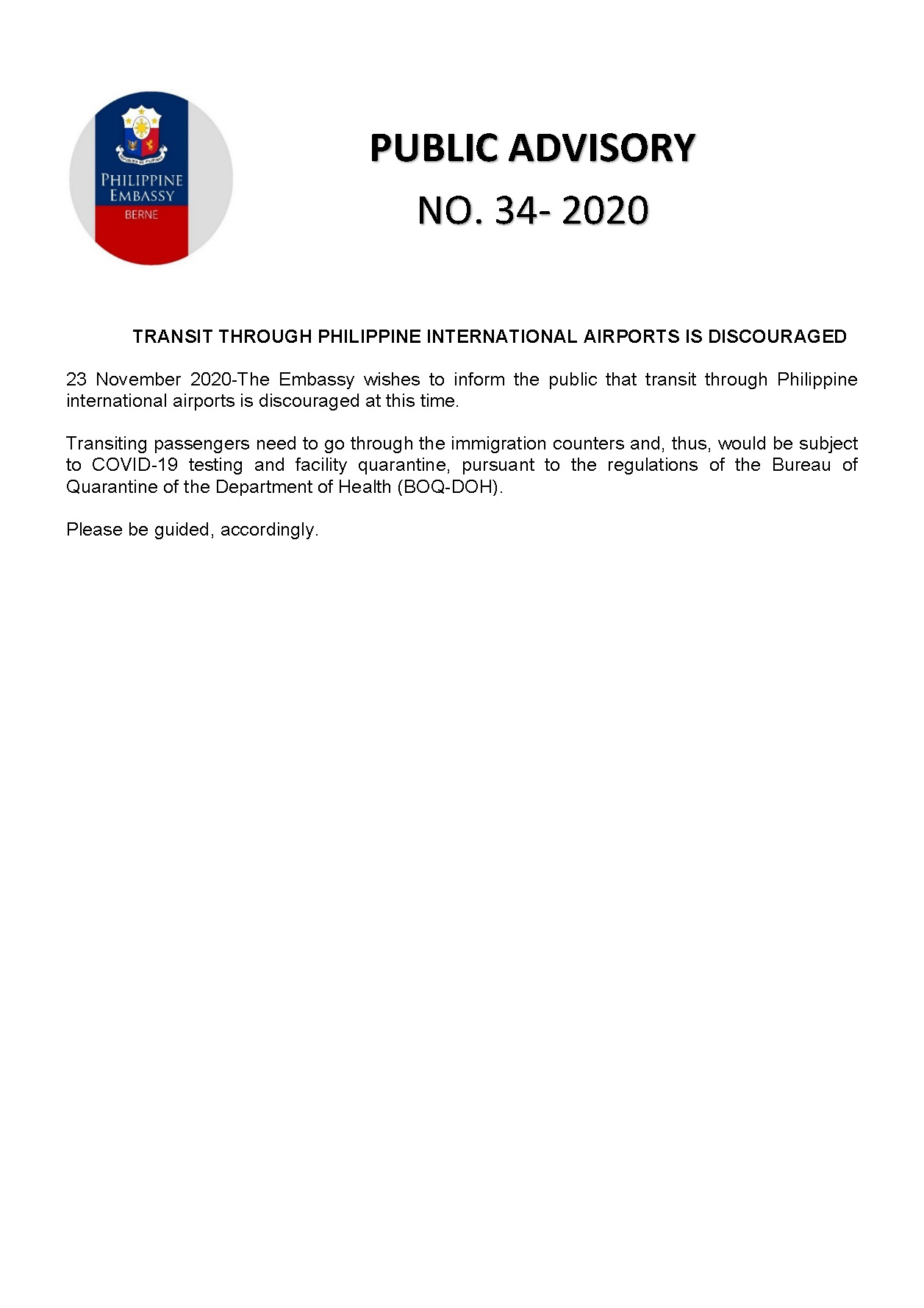 PA 34 2020 TRANSIT THROUGH PHILIPPINE INTERNATIONAL AIRPORTS IS DISCOURAGED