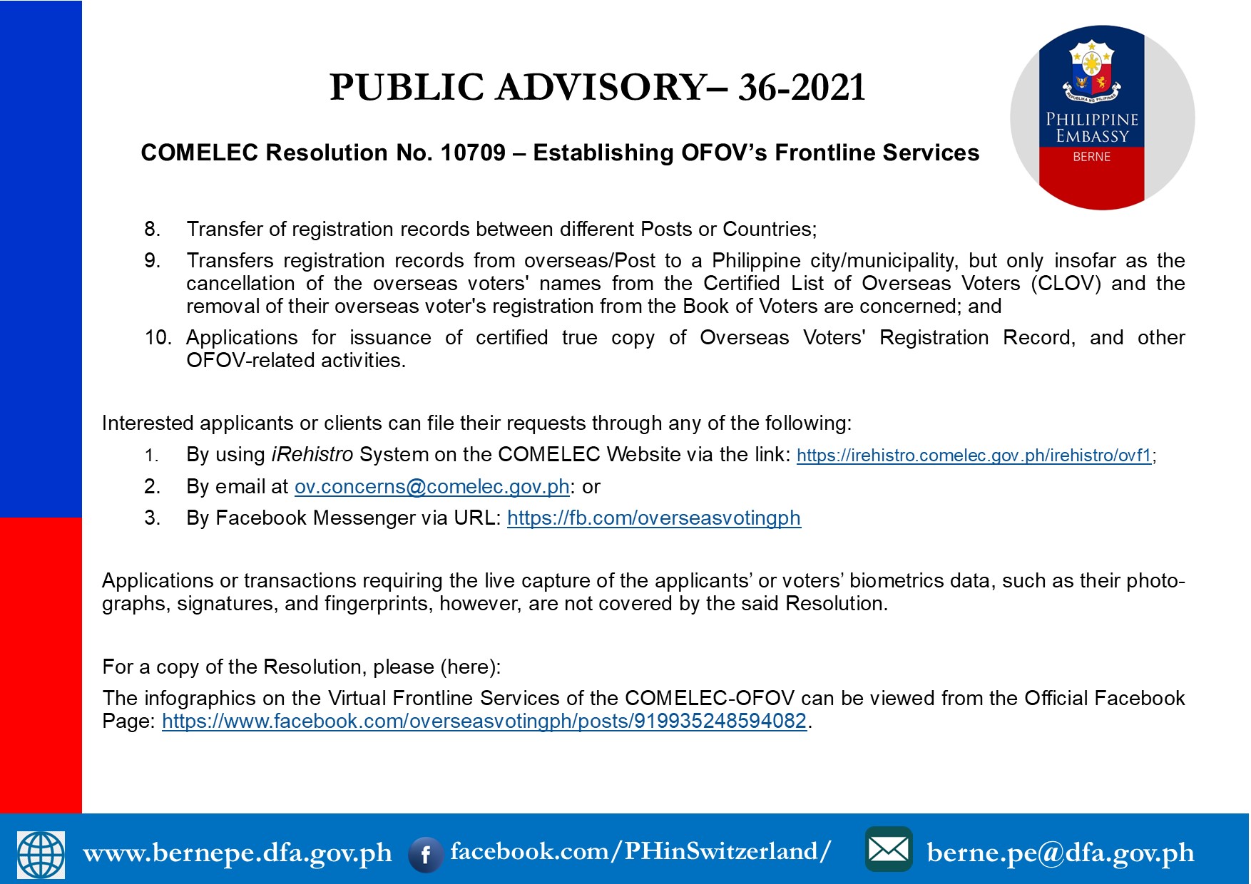 PA 36 2021 COMELEC Resolution No. 10709 Establishing OFOVs Frontline Services