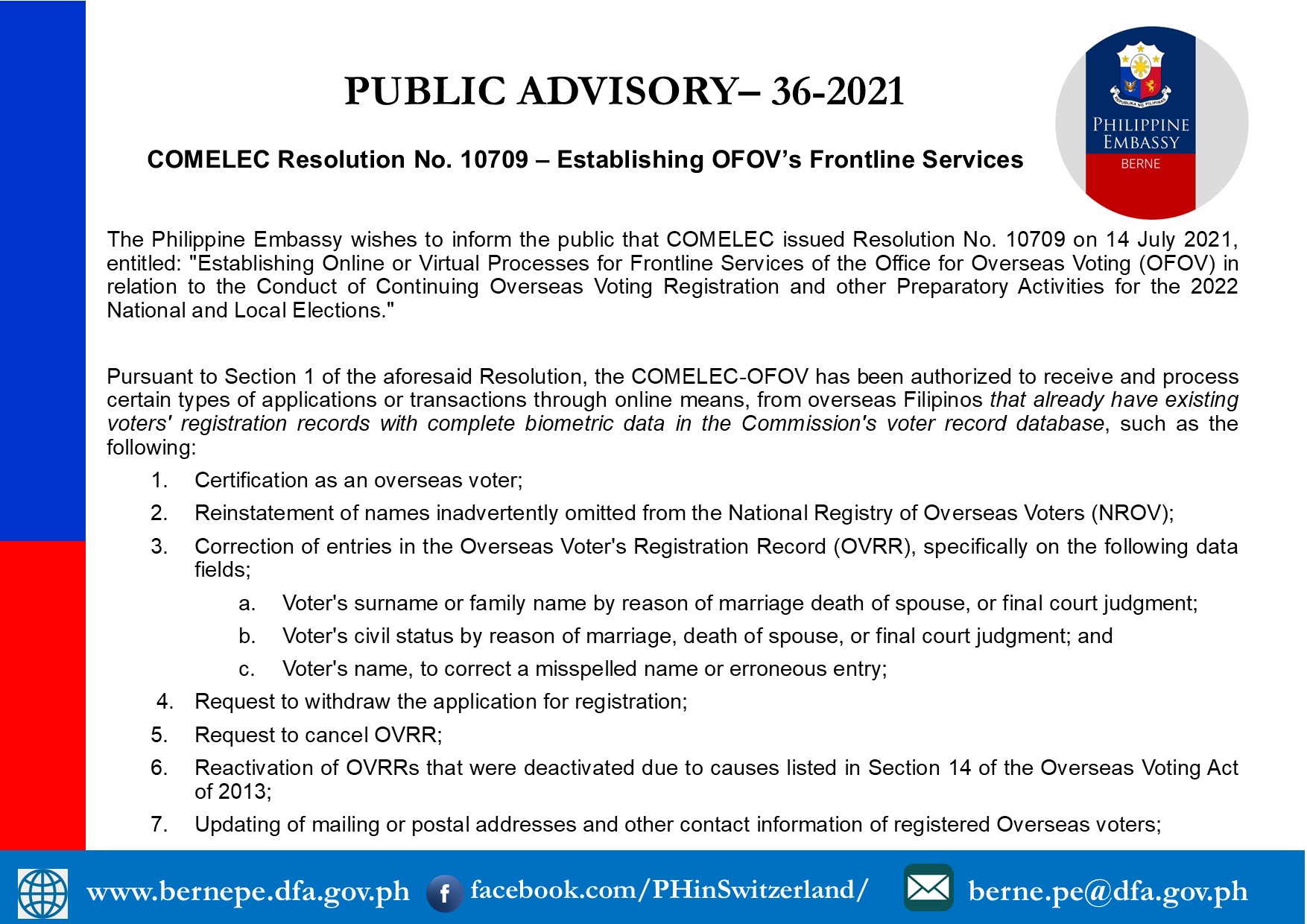 PA 36 2021 COMELEC Resolution No. 10709 Establishing OFOVs Frontline Services 1