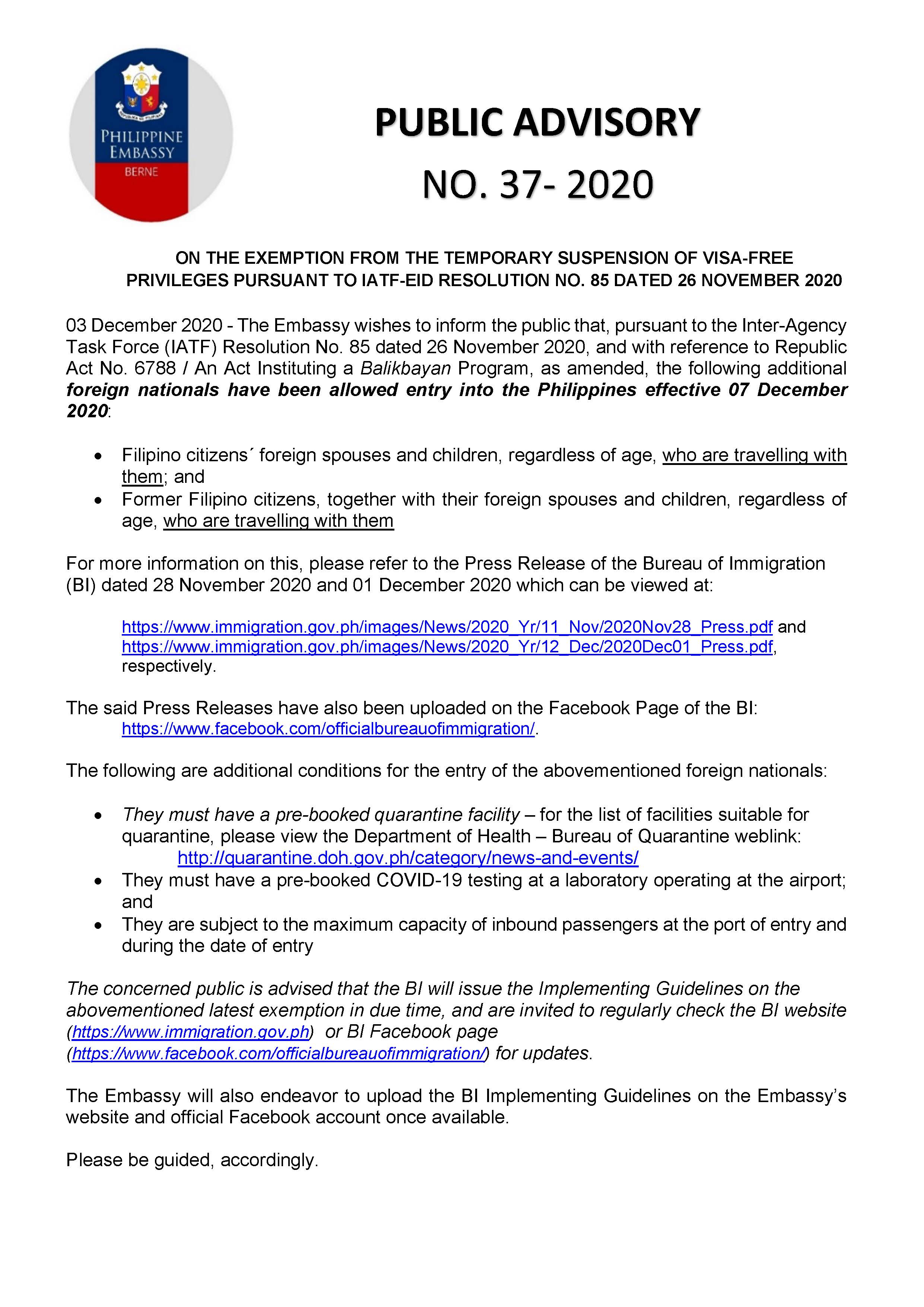 PA 37 2020 ON THE EXEMPTION FROM THE TEMPORARY SUSPENSION OF VISA FREE PRIVILEGES PURSUANT TO IATF EID RESOLUTION NO. 85 DATED 26 NOVEMBER 2020