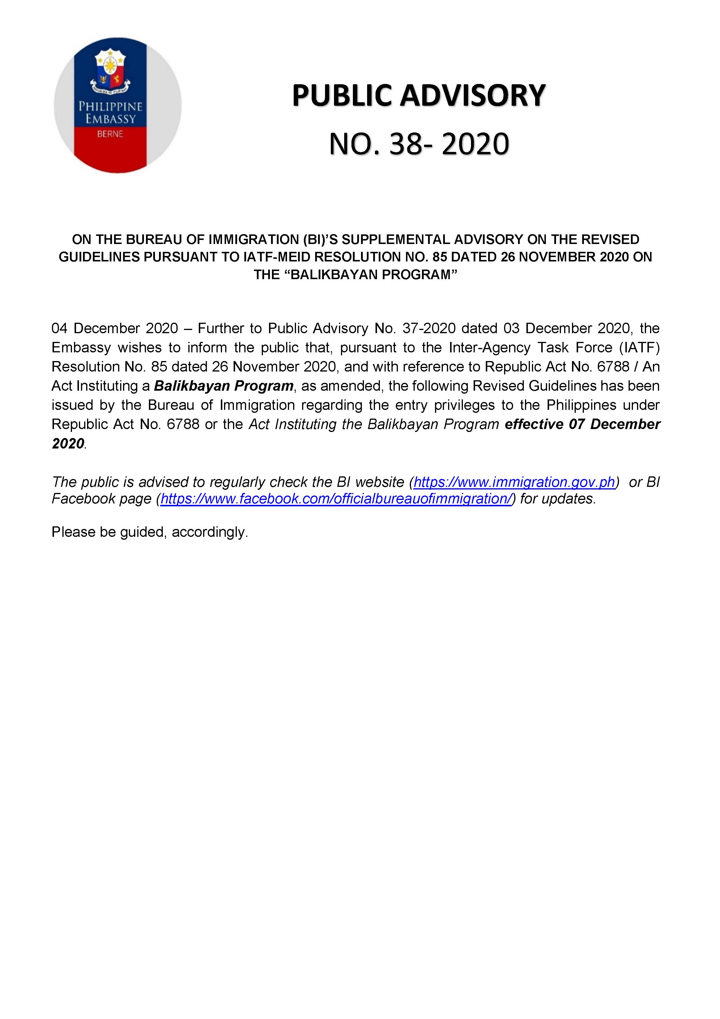 PA 38 2020 ON THE BI SUPPLEMENTAL ADVISORY ON THE REVISED GUIDELINES PURSUANT TO IATF MEID RESOLUTION NO. 85 DATED 26 NOVEMBER 2020 ON THE BALIKBAYAN PROGRAM