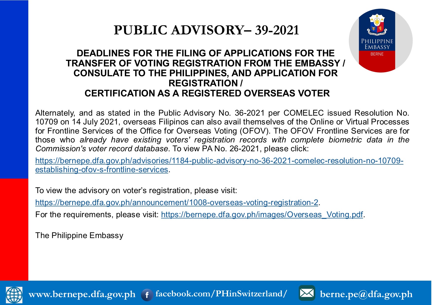 PA 39 2021 DEADLINES FOR THE FILING OF APPLICATIONS FOR THE