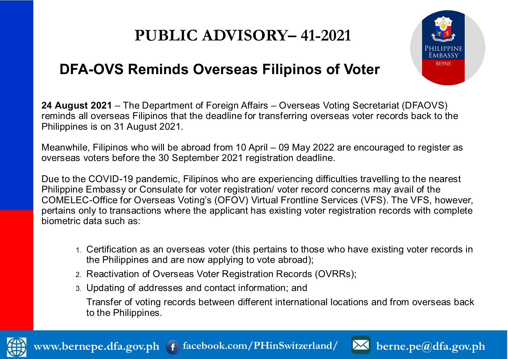 PA 41 2021 1 DFA OVS Reminds Overseas Filipinos of Voter Registration Deadline