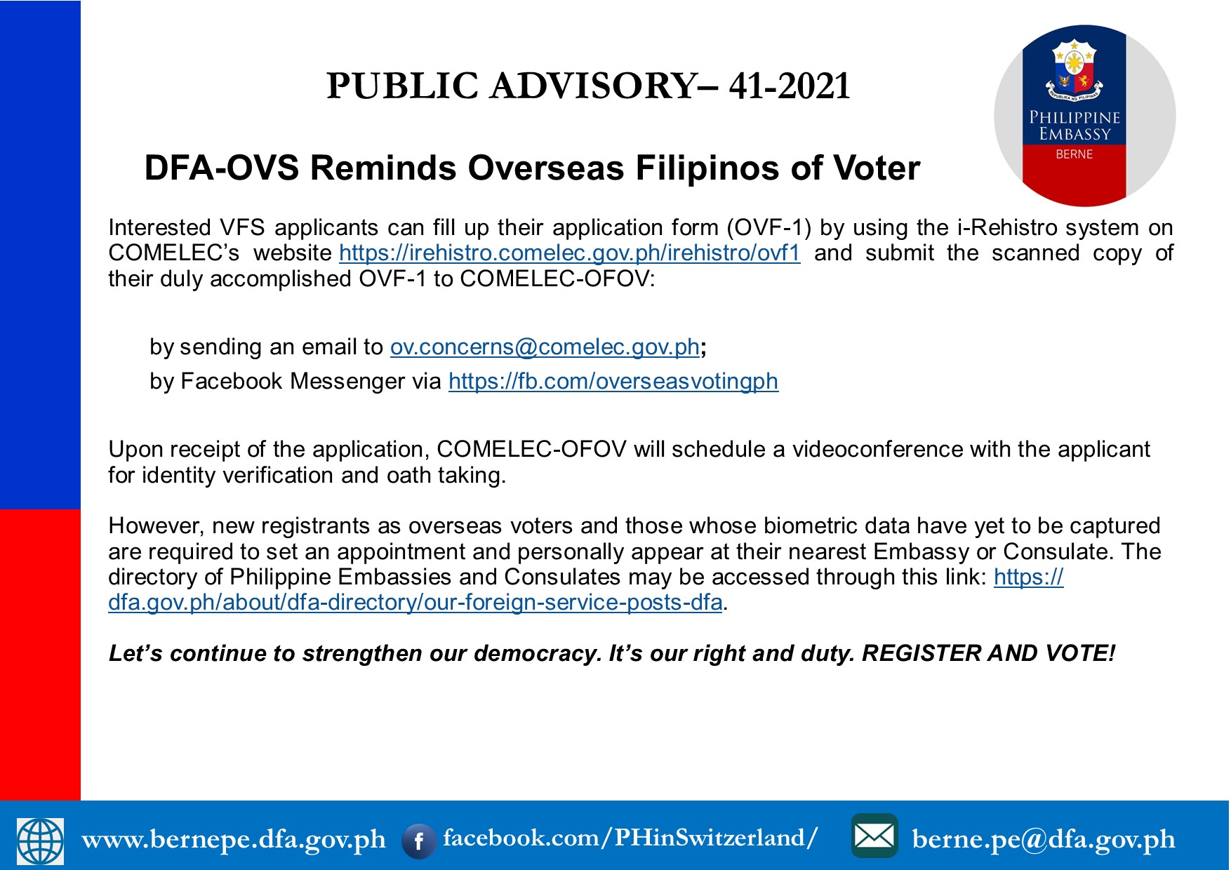 PA 41 2021 DFA OVS Reminds Overseas Filipinos of Voter Registration Deadline