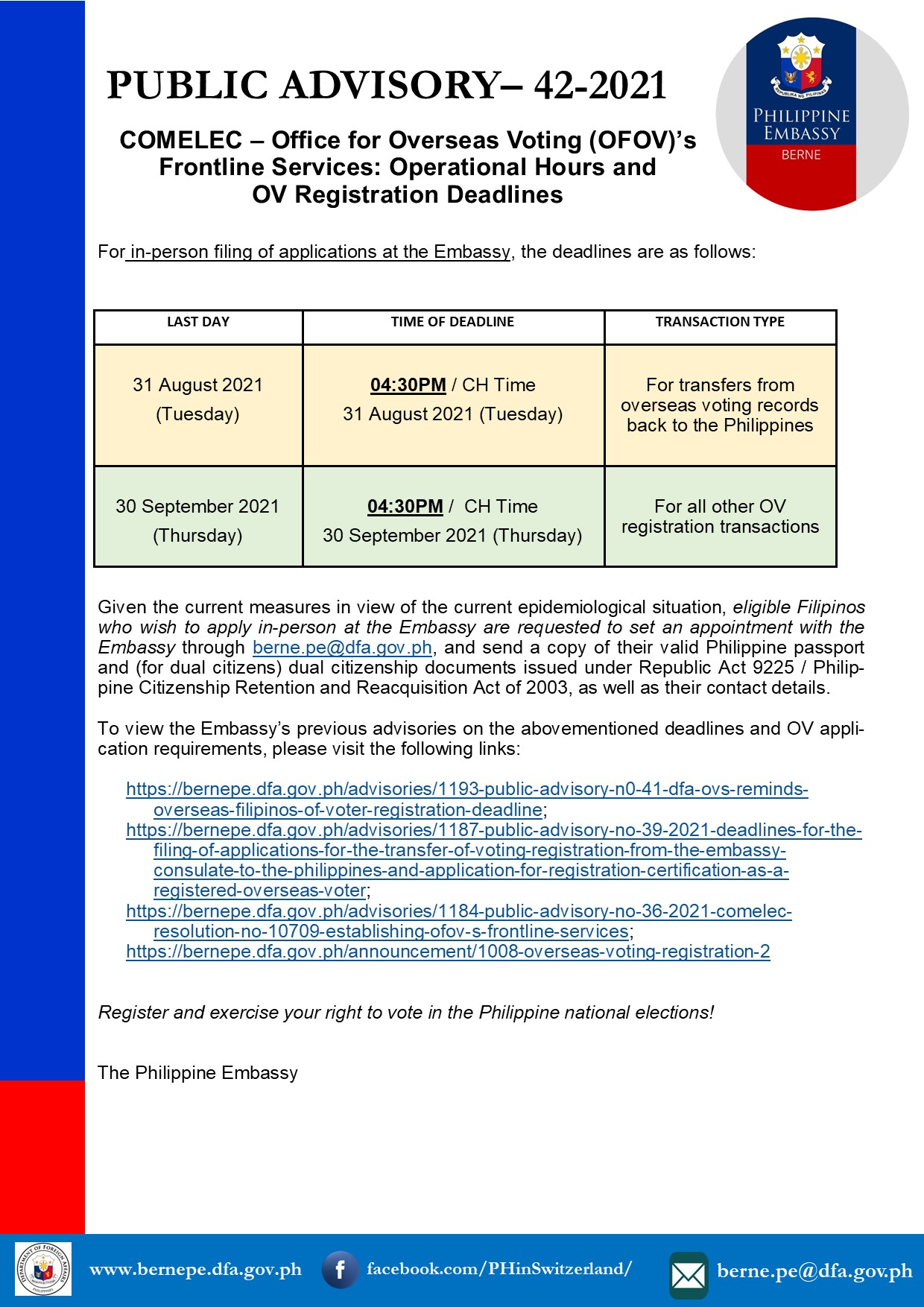 PA 42 2021 1 COMELEC Office for Overseas Voting OFOVs Frontline Services Operational Hours and OV Registration Deadlines
