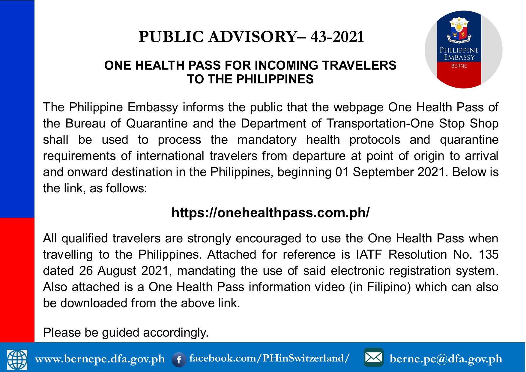 PA 43 2021 ONE HEALTH PASS FOR INCOMING TRAVELERS TO THE PHILIPPINES