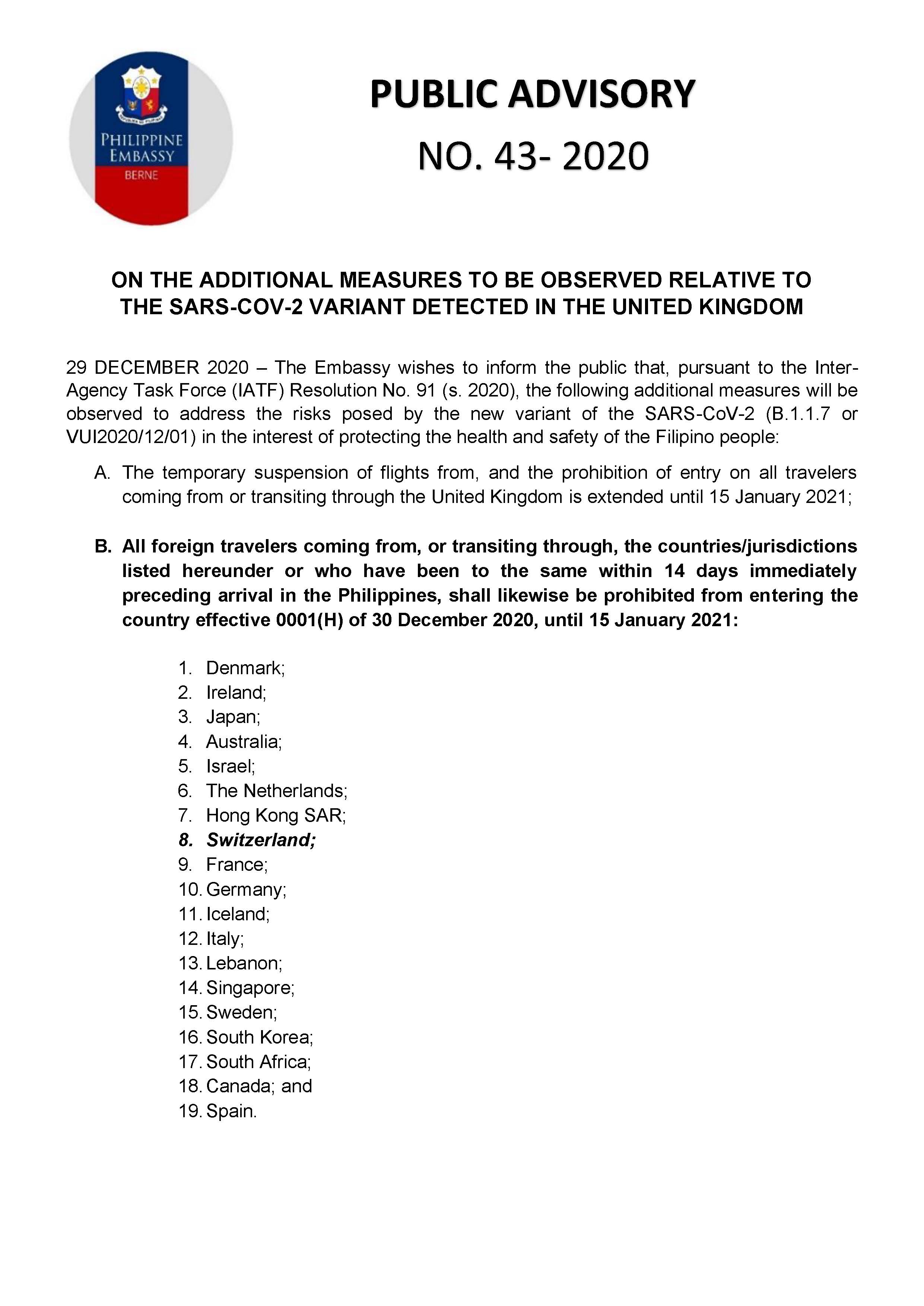 PA 43 2020 ON THE ADDITIONAL MEASURES TO BE OBSERVED RELATIVE TO THE SARS COV 2 VARIANT DETECTED IN THE UNITED KINGDOM Page 1