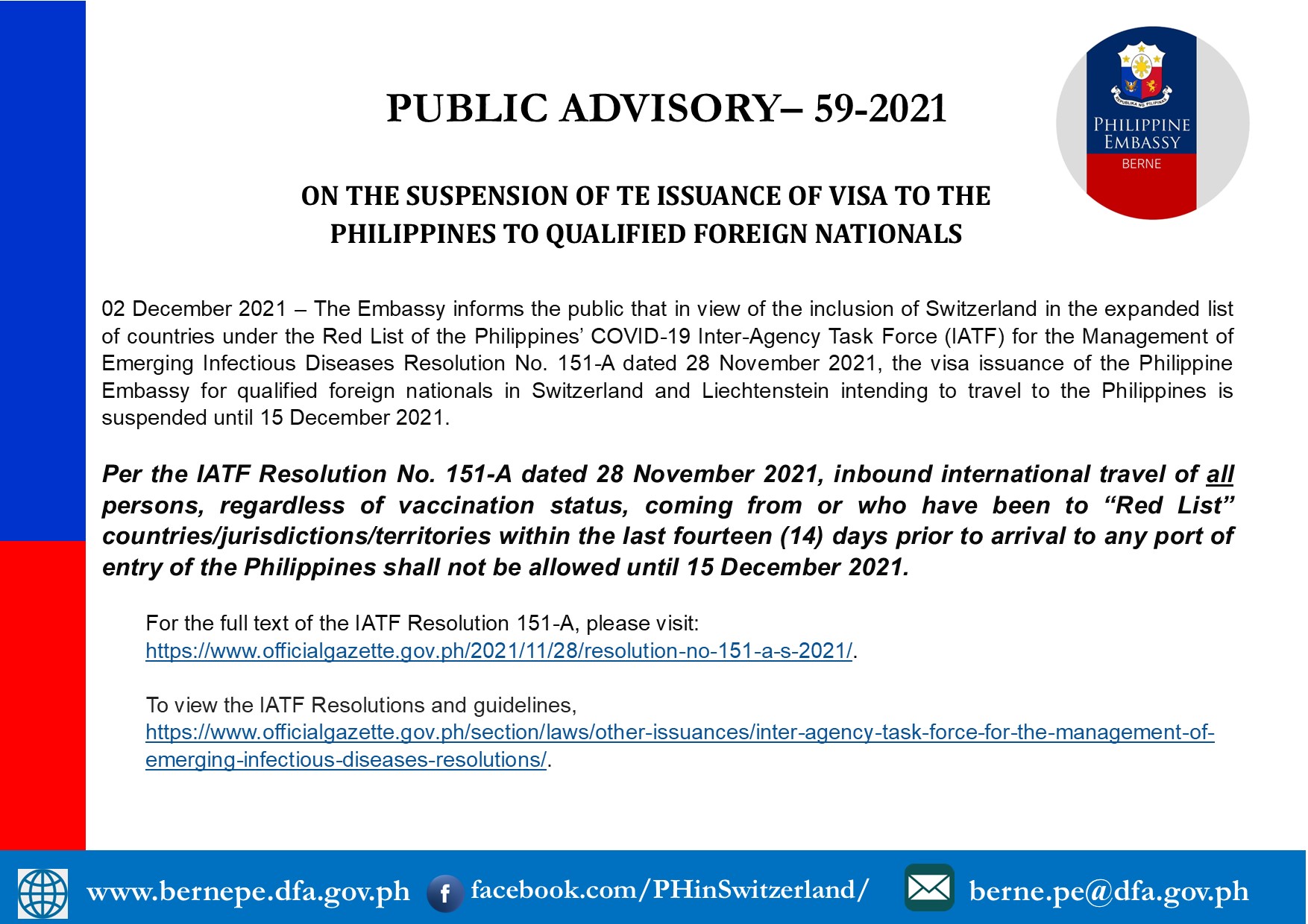 PA 59 2021 A ON THE SUSPENSION OF TE ISSUANCE OF VISA TO THE PHILIPPINES TO QUALIFIED FOREIGN NATIONALS