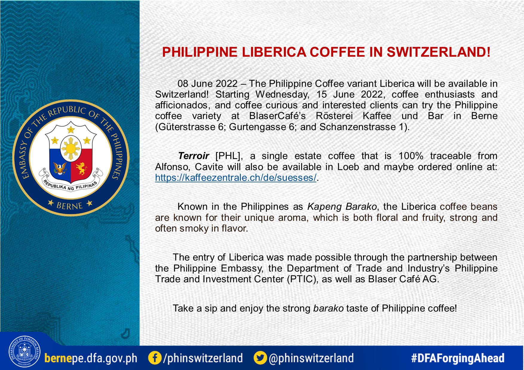 PHILIPPINE LIBERICA COFFEE IN SWITZERLAND