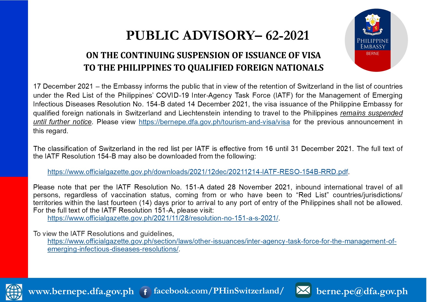 PUBLIC ADVISORY 62 2021 ON THE CONTINUING SUSPENSION OF ISSUANCE OF VISA TO THE PHILIPPINES TO QUALIFIED FOREIGN NATIONALS