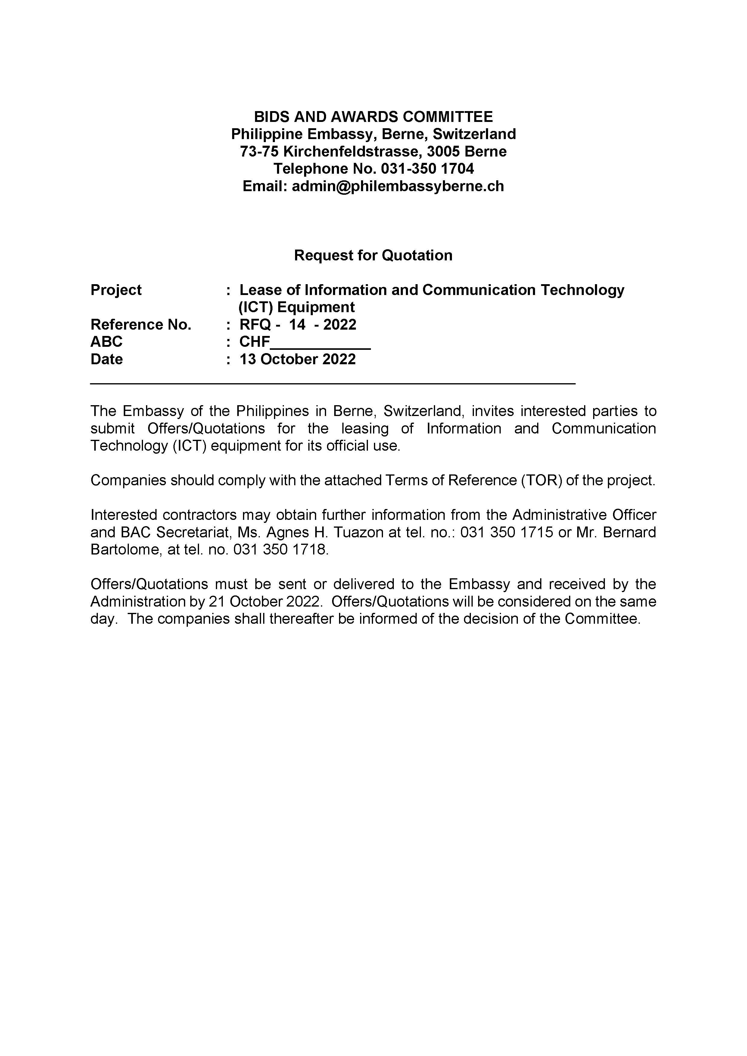 REQUEST FOR QOUTATION 14 2023 Lease of Information and Communication Technology ICT Equipment