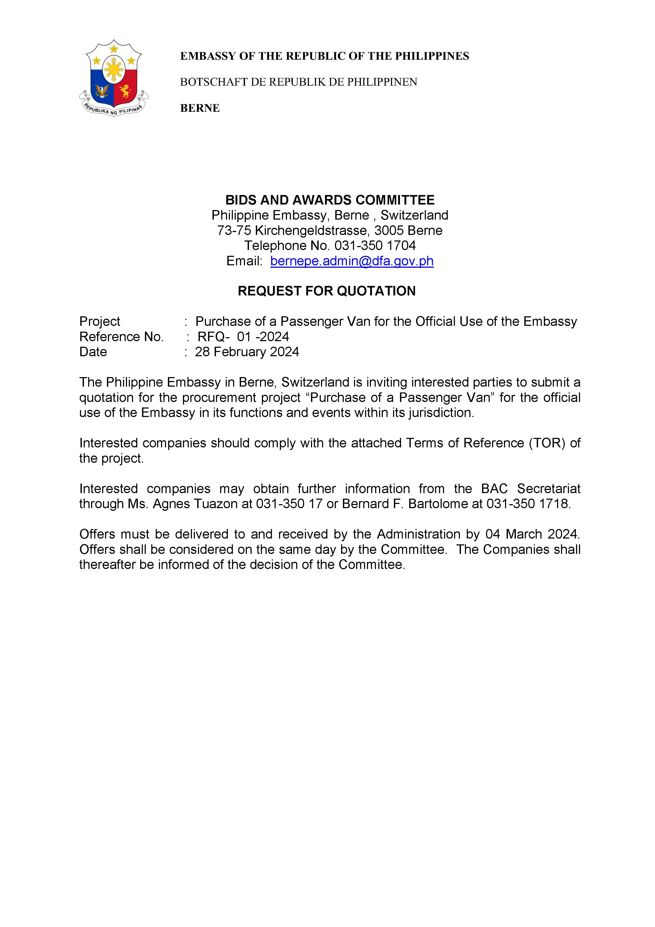 RFQ 01 2024 Purchase of a Passenger Van for the Official Use of the Embassy 28 February 2024 Page 1