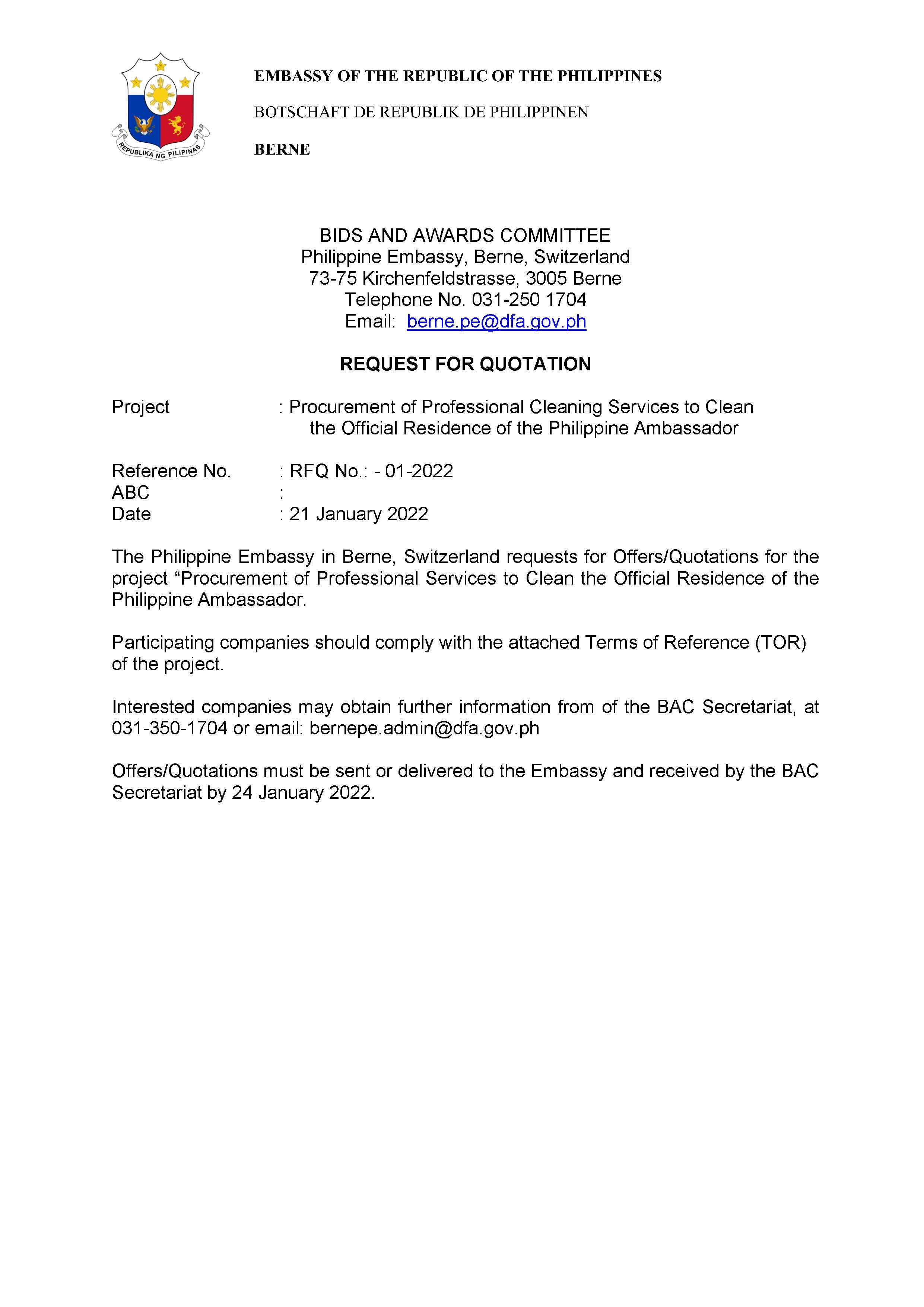 RFQ 01 2022 Procurement of Professional Cleaning Services to Clean the Official Residence of the Philippine Ambassador