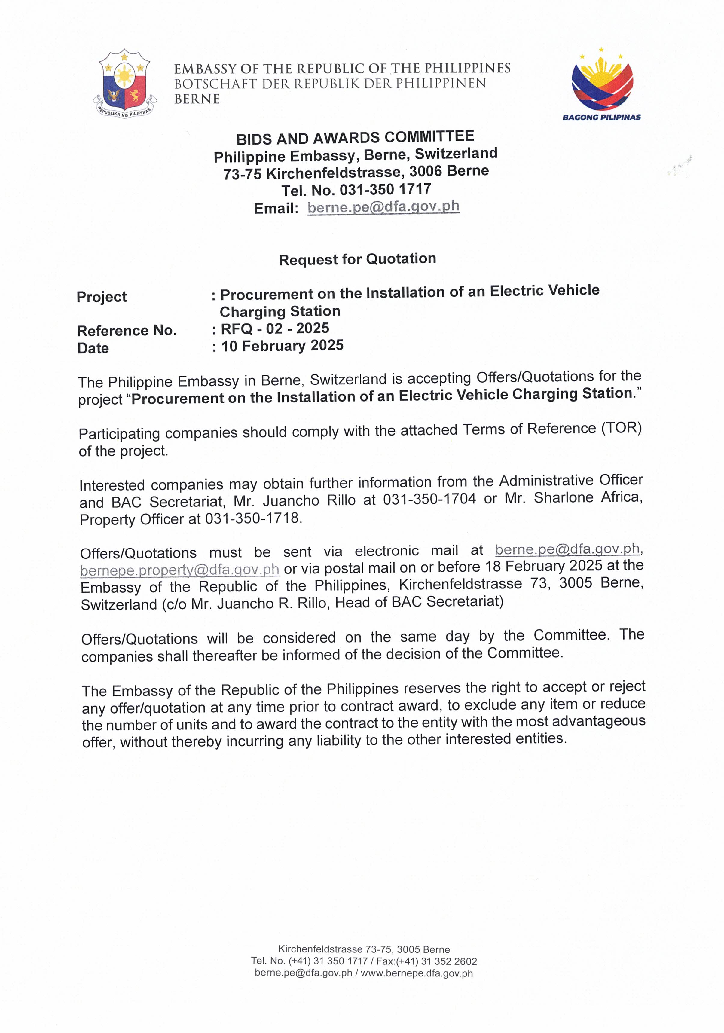 RFQ 02 2025 PROCUREMENT ON THE INSTALLATION OF AN ELECTRIC VEHICLE Page 1