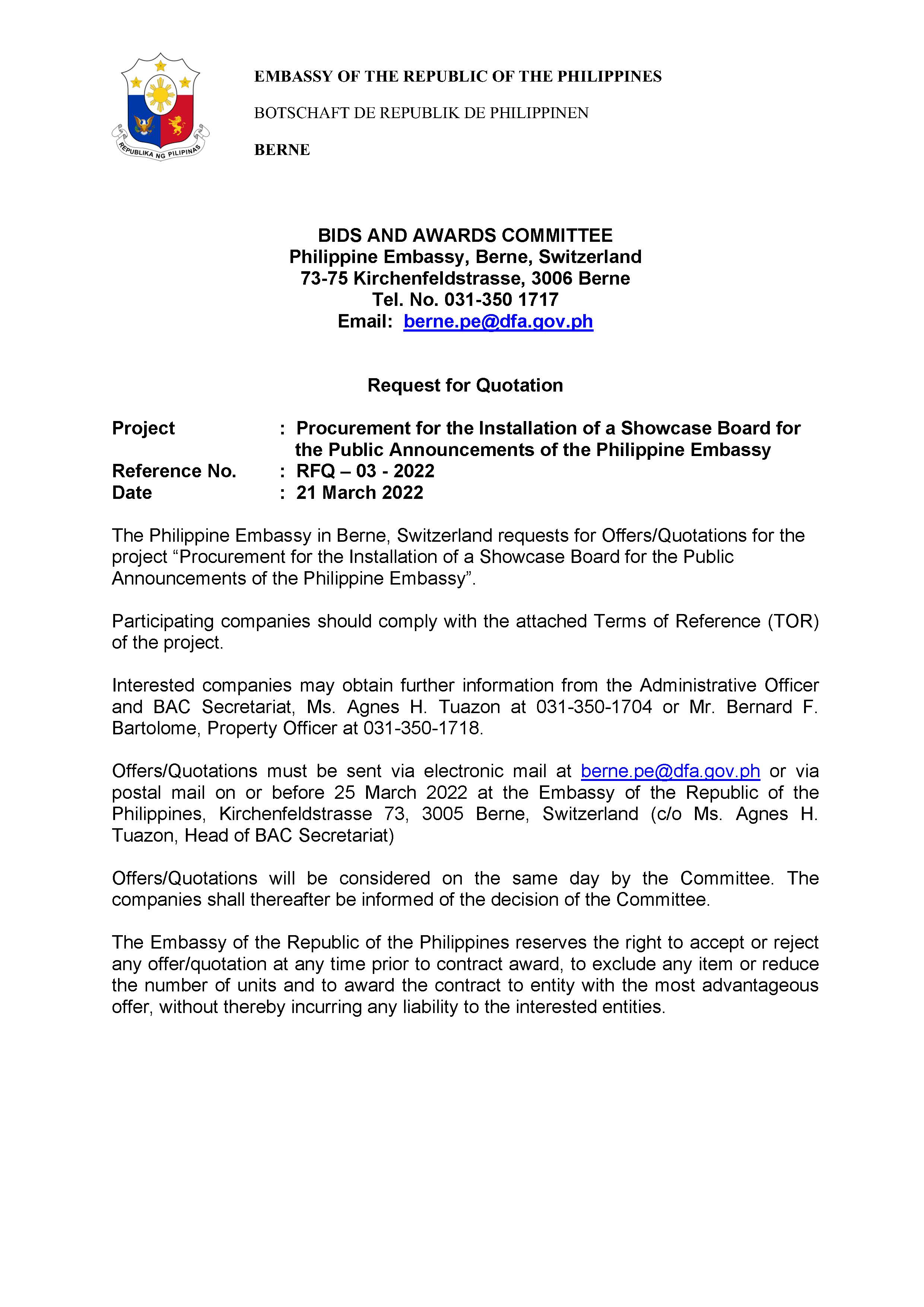 RFQ 03 2022 Procurement for the Installation of a Showcase Board Page 1