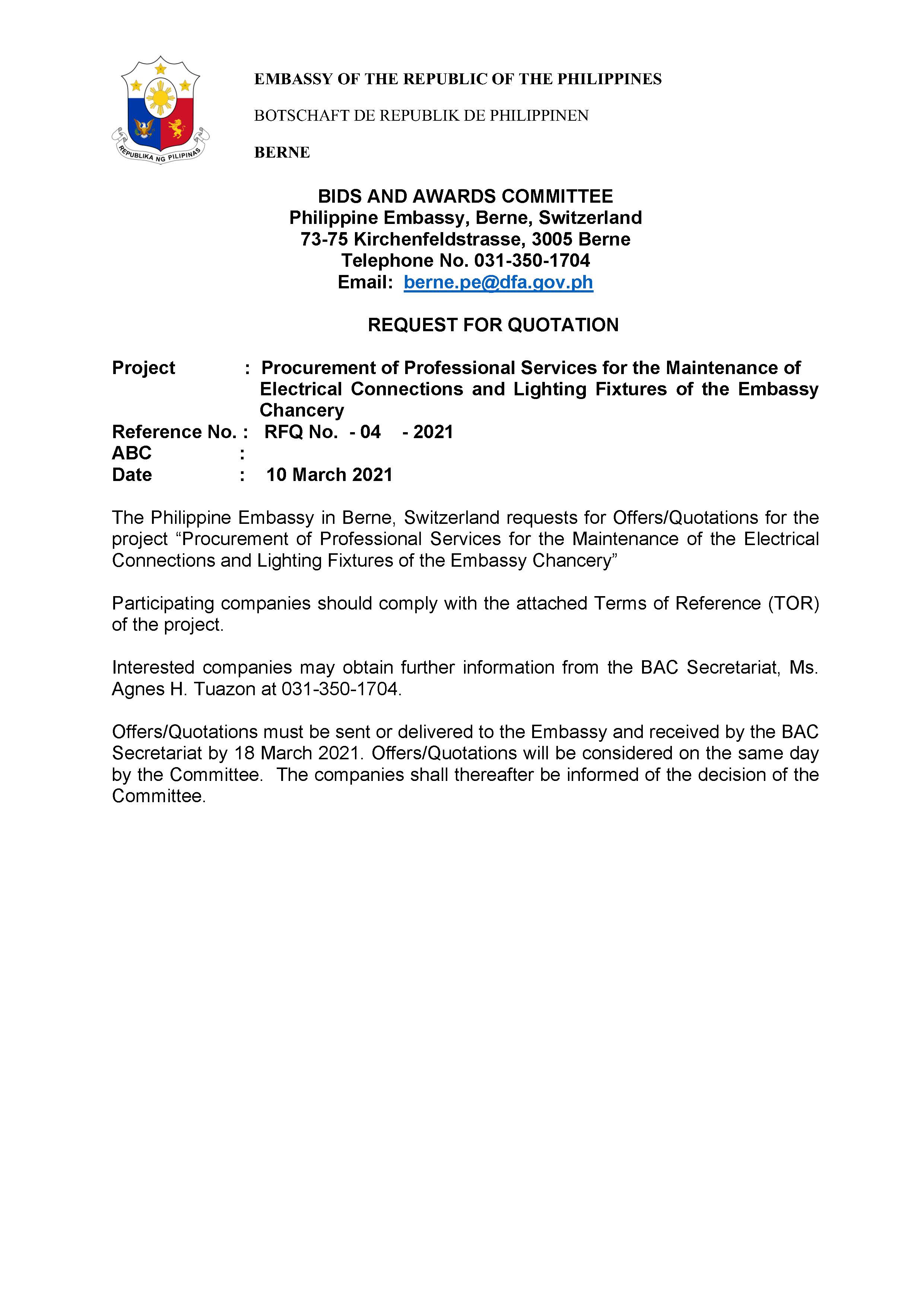 RFQ 04 2021 Procurement of Professional Services for the Maintenance of Electrical Connections and Lighting Fixtures of the Embassy Chancery Page 1